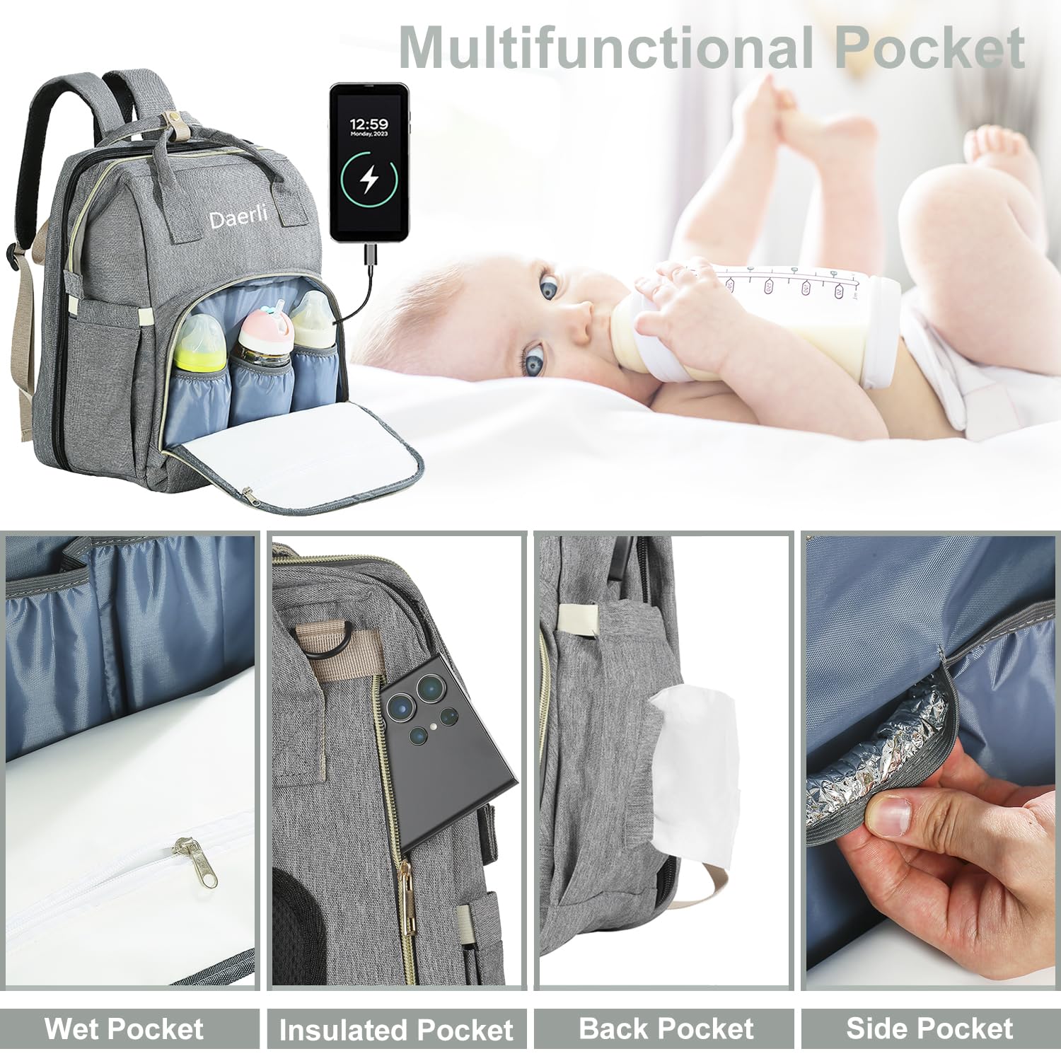 Premium Waterproof Diaper Backpack with Insulated Bottle Pockets & Foldable Changing Pad - Large Multifunctional Baby Bag for Travel, Daycare & Outings (Gray)
