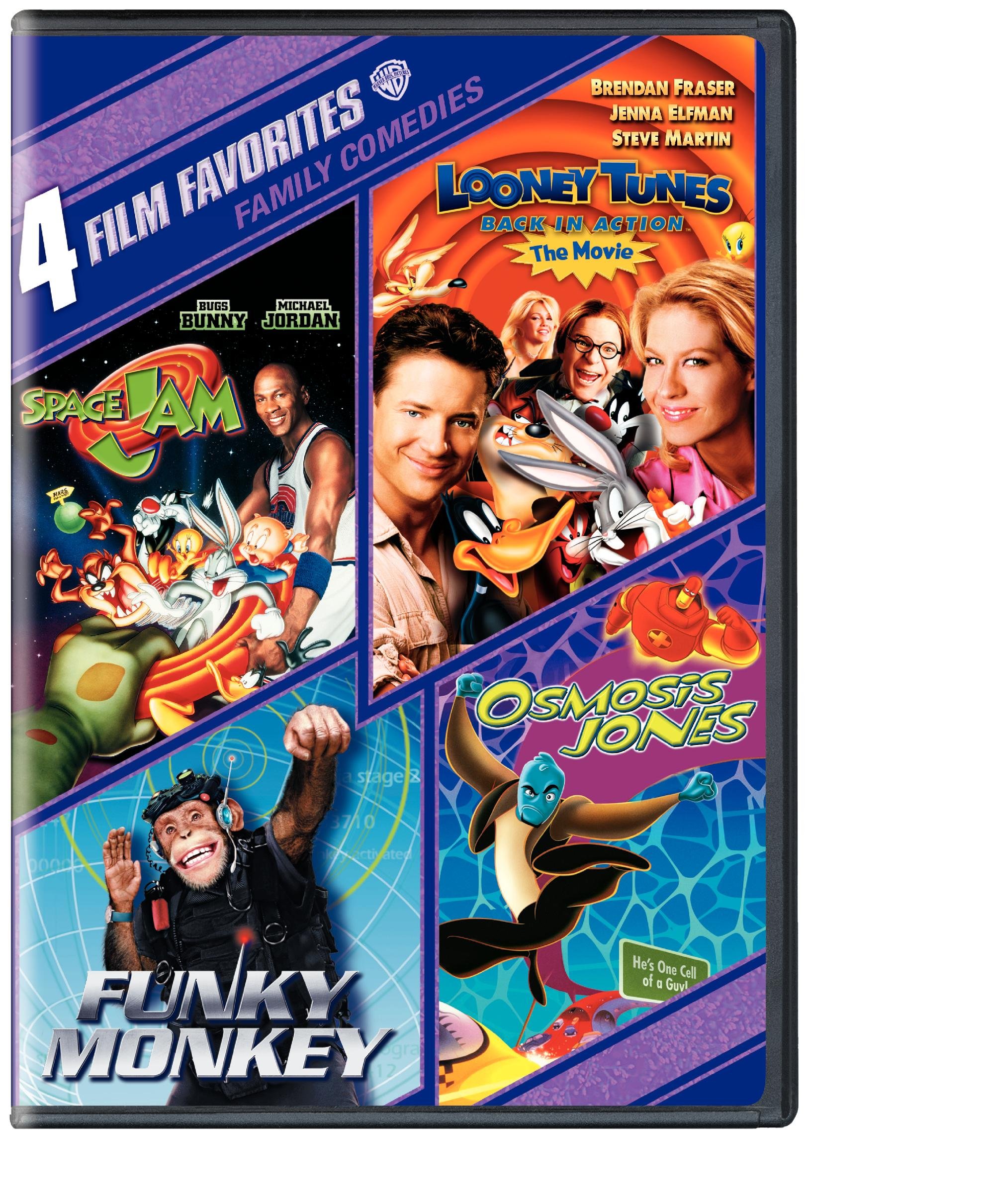4 Film Favorites: Family Comedies Collection (Funky Monkey, Looney Tunes Back In Action, Osmosis Jones, Space Jam) - Perfect for Movie Nights & Family Entertainment