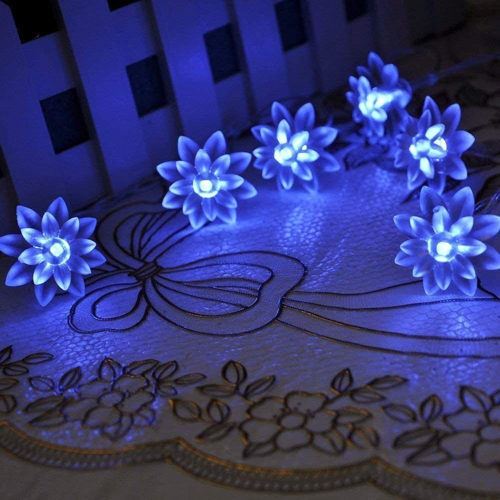 Solar Powered Outdoor String Lights - 50 LED Waterproof Lotus Flower Fairy Lights, 21ft for Garden, Patio, Wedding & Christmas Decor (Blue) | Perfect for Backyard, Party, Holiday & Home Decoration