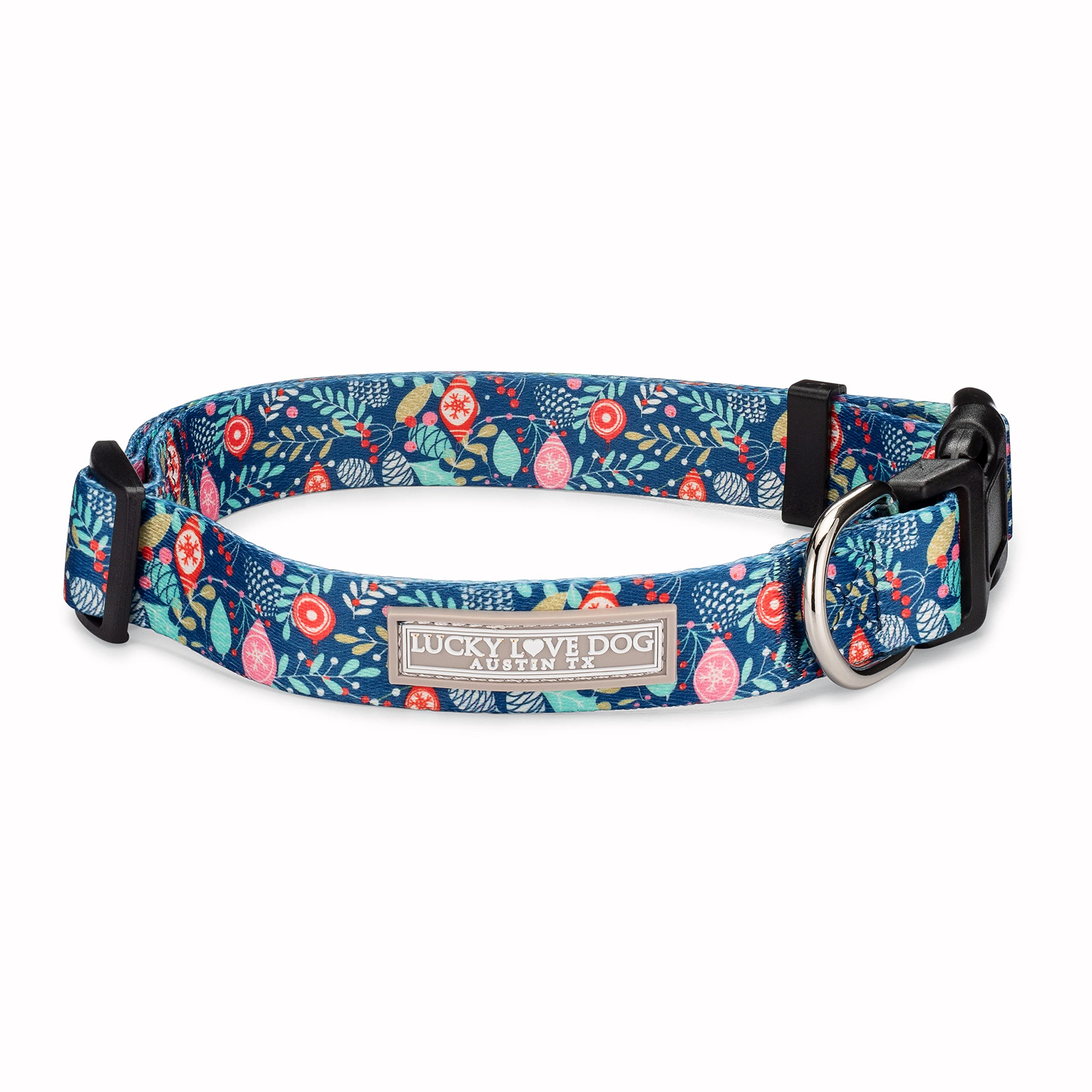 Blue Winter Pinecones Dog Collar with Lucky Love Charm - Festive Holiday Pet Accessory for Small, Medium & Large Dogs | Perfect for Christmas Photos, Winter Walks & Seasonal Celebrations