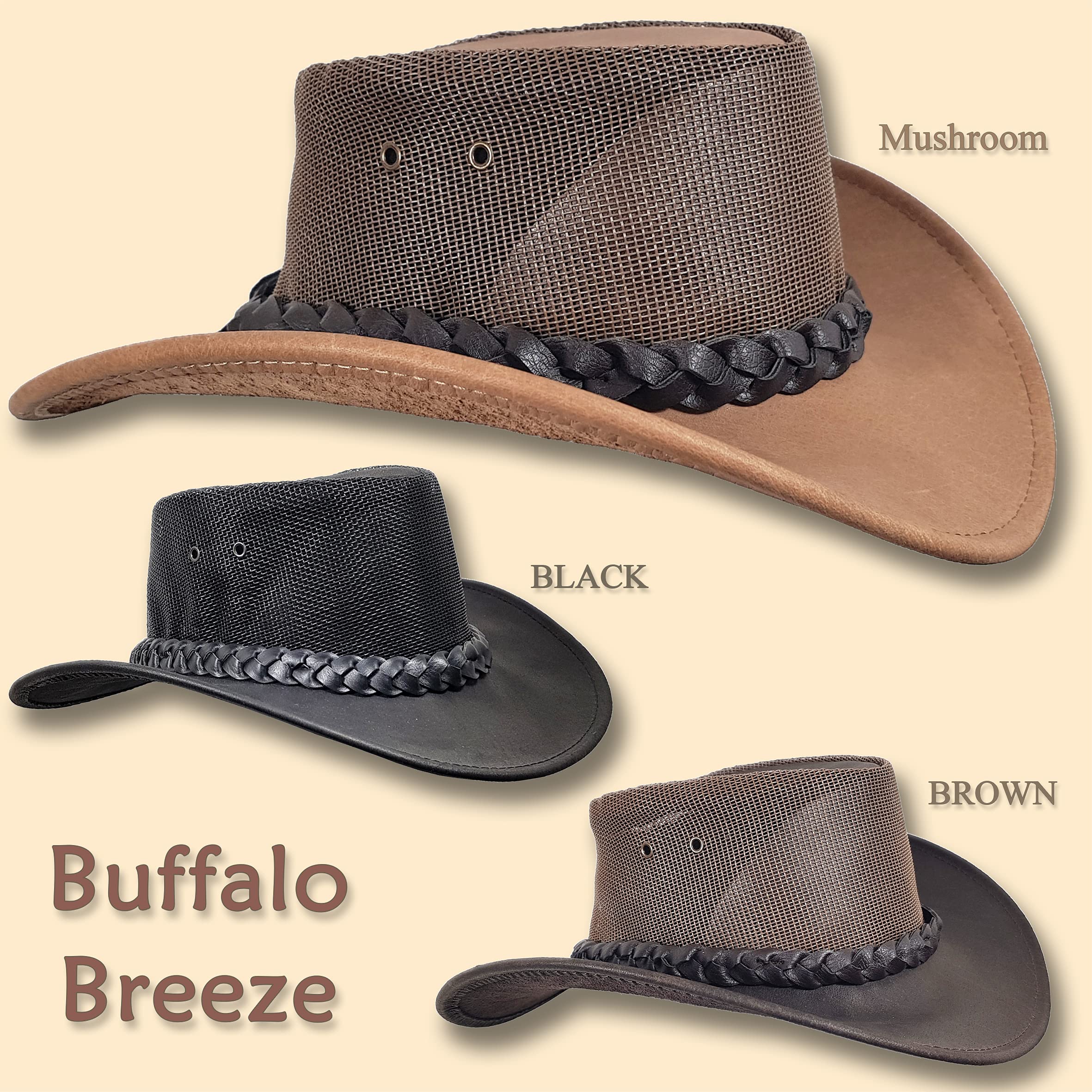 Oztrala Buffalo Leather Hat - Australian Outback Western Cowboy Hat for Men, Women & Kids - Breathable Mesh Design - Black, Brown & Tan - Perfect for Outdoor Adventures, Rodeos & Country Events