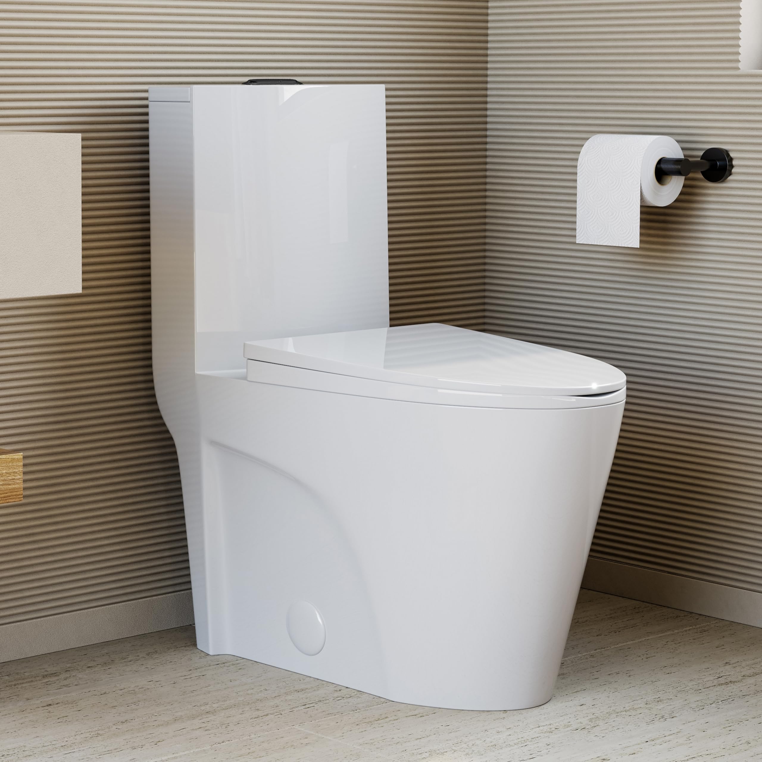Swiss Madison St. Tropez SM-1T254HB Elongated One-Piece Toilet with Vortex Dual-Flush 1.1/1.6 GPF, Comfort Height Chair Seat, ADA Compliant, Glossy White Finish & Black Hardware - Perfect for Modern Bathrooms & Water-Efficient Homes