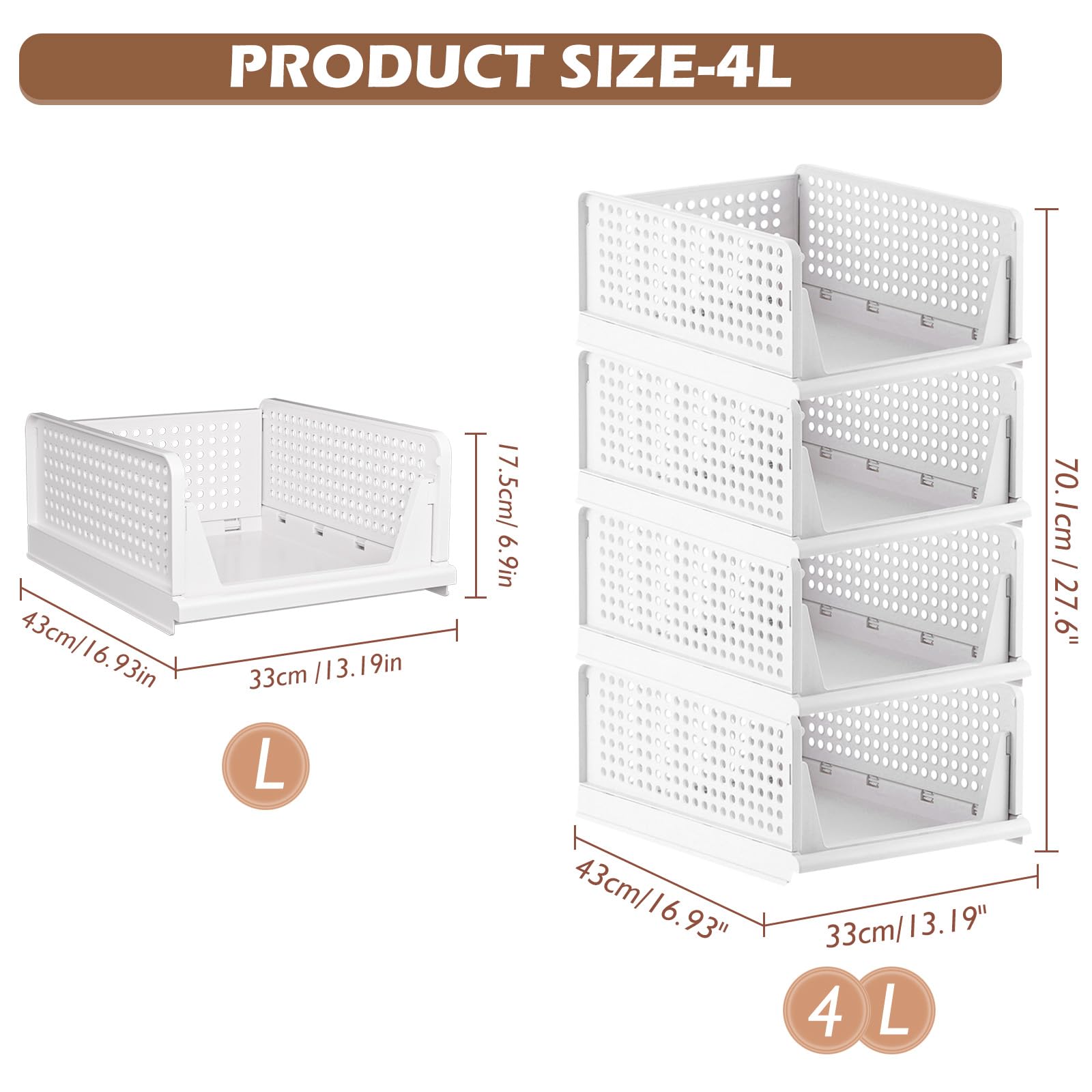 TidyIsles - 4 Pack Foldable Closet Organizer & Stackable Storage Boxes, Plastic Drawer Baskets for Bedroom, Kitchen, Bathroom Organization (White) | Perfect for Closet Shelving, Underbed Storage & Small Space Organization