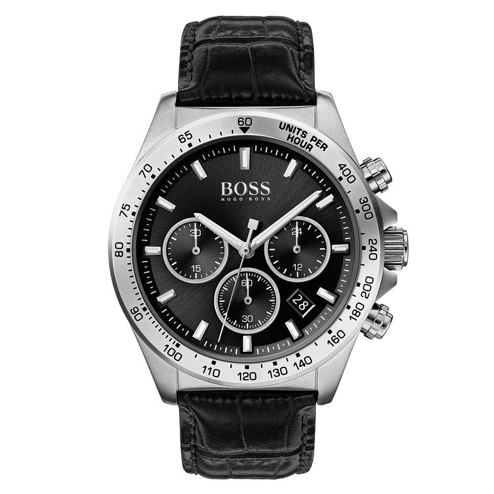 HUGO by Hugo Boss Men's Black Stainless Steel Quartz Watch with Genuine Leather Strap - 1513752 | Water Resistant, Date Display | Perfect for Business, Casual & Formal Occasions