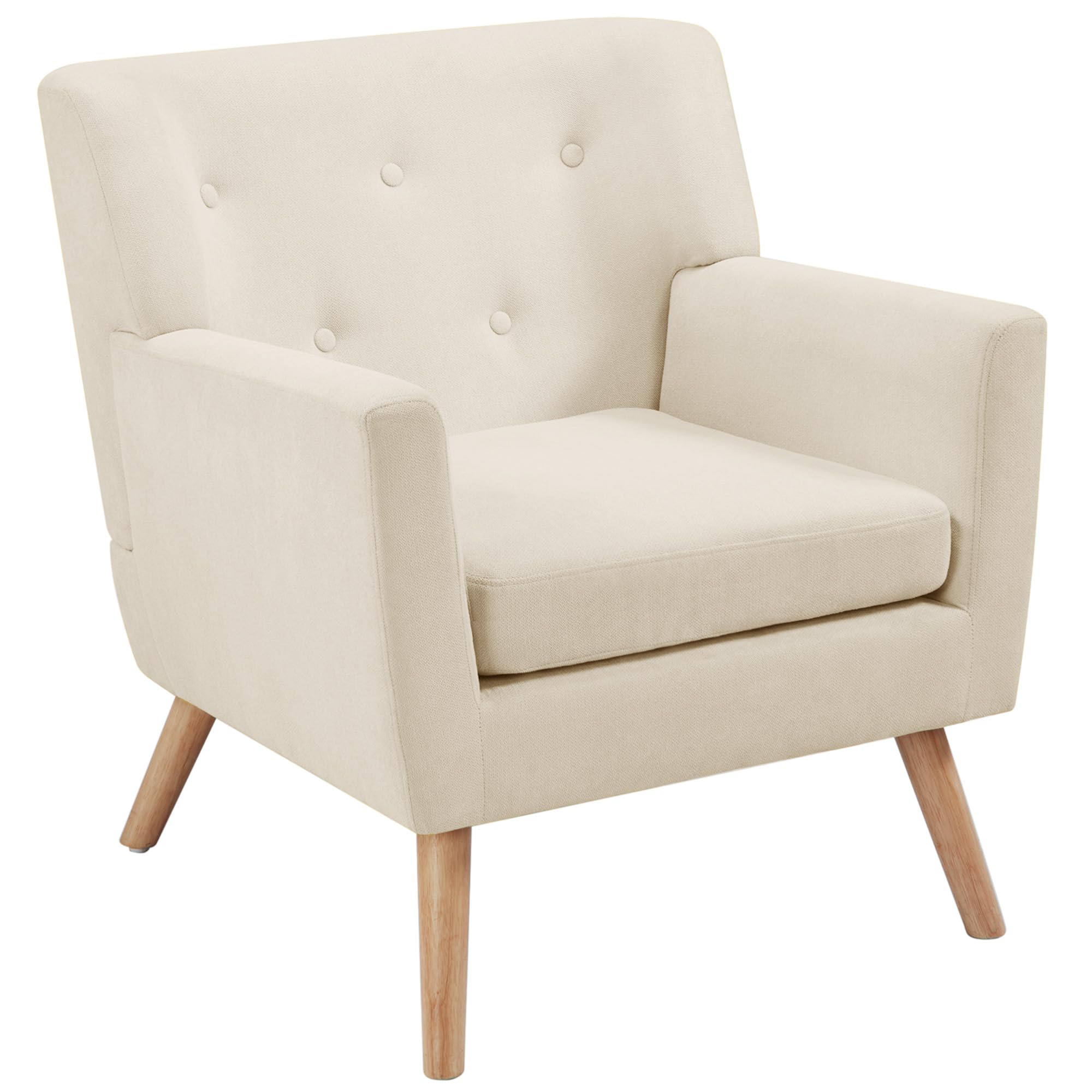 Prilinex Mid-Century Modern Accent Chair - Button Tufted Upholstered Armchair with Cushion, Comfortable Fabric Living Room & Bedroom Chair in Beige | Perfect for Reading Nooks, Lounge Areas & Waiting Rooms