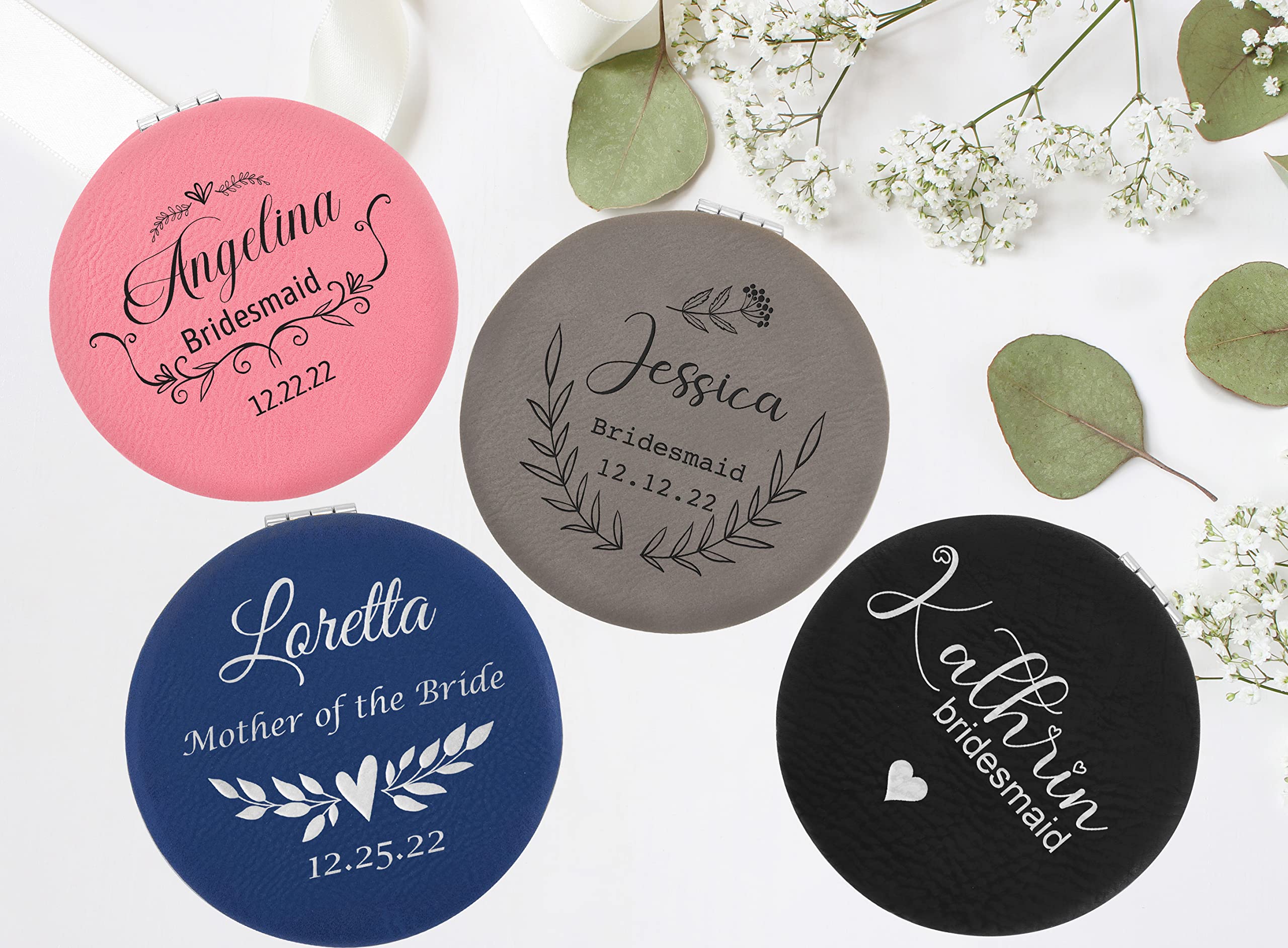 Custom Engraved Personalized Compact Mirror - Double Sided Magnification Travel Pocket Mirror for Women | Wedding, Birthday Gift Idea | Perfect for Purse, Makeup Bag & Travel Accessories (PU Leather)