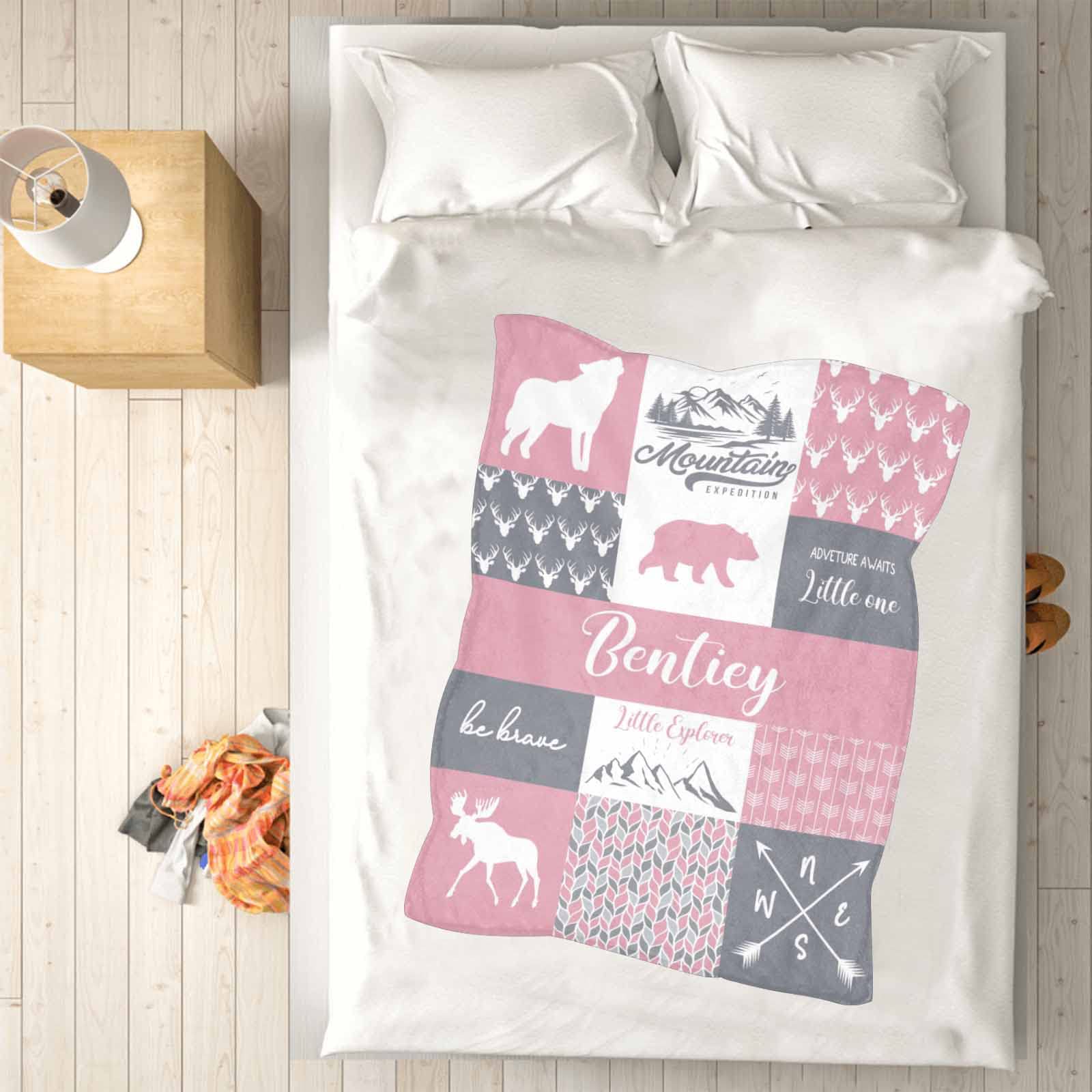 Personalized Baby Blanket with Name - Custom Pink Woodland Bear Deer Wolf Design - Super Soft Fleece Blanket for Newborns, Girls & Boys - Perfect Baby Shower Gift for Nursery, Stroller & Cuddling