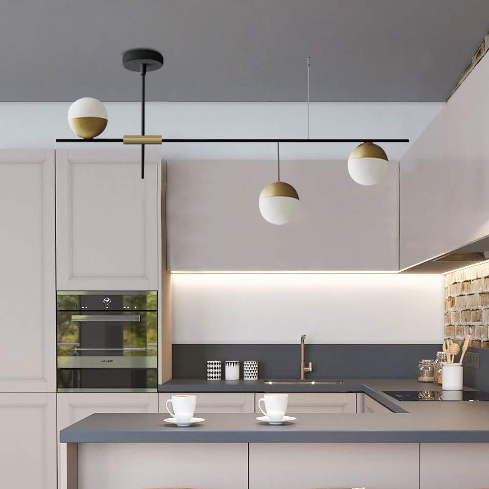 Modern 3-Light Glass Globe Chandelier - Linear Mid-Century Flush Mount Ceiling Pendant Light Fixture - Elegant Hanging Lighting for Kitchen, Dining Room, Living Room, Bedroom & Farmhouse Decor - Perfect for Dining Areas, Entryways and Open Concept Spaces