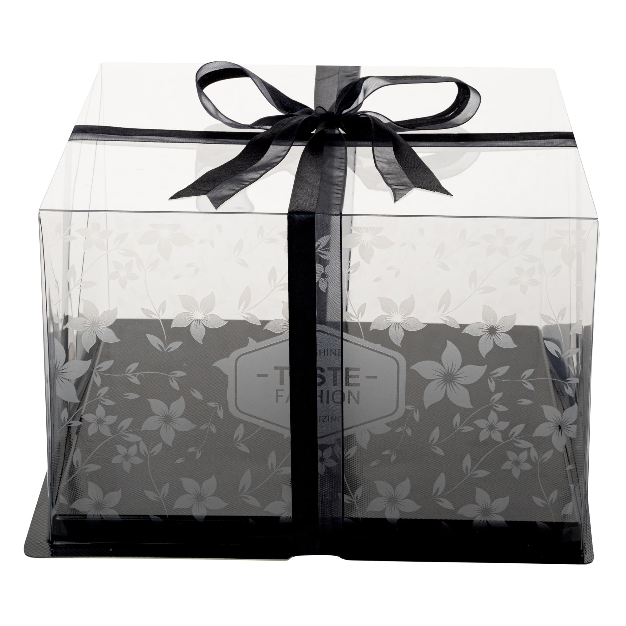10 Inch x 6.75 Inch Clear Plastic Cake Boxes with Black Ribbon - Grease-Free Base & Floral Design for Birthday Cakes, Wedding Desserts, Bakery Display & Party Treats