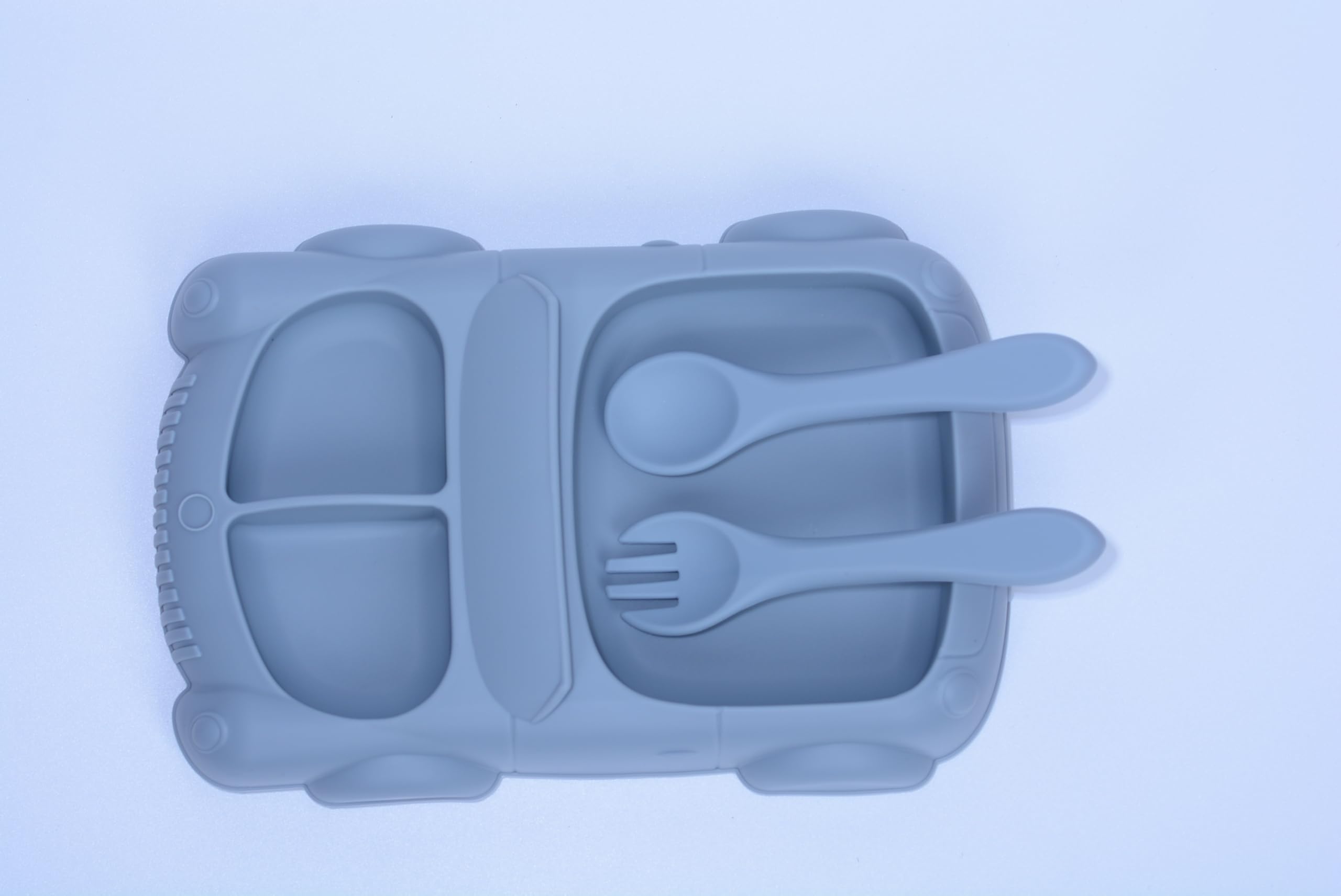 3-Piece Silicone Suction Car-Shaped Baby Plate with Spoon & Fork Set - BPA-Free, Dishwasher & Microwave Safe - 100% Food Grade for Infants & Toddlers (Dark Blue) - Perfect for Mess-Free Mealtime, Travel & Daycare Use