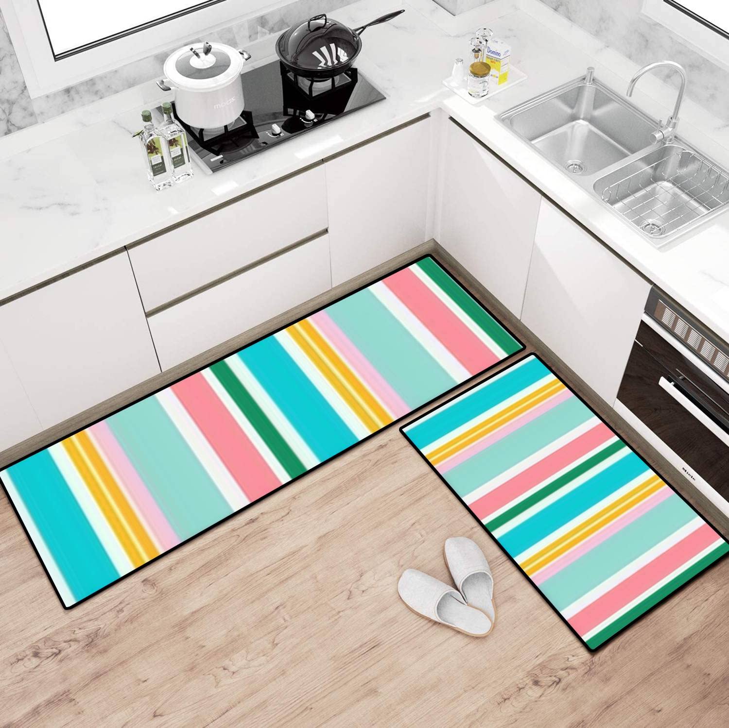 Boho Striped Kitchen Rugs Set - Colorful Non-Slip Washable Floor Mats for Kitchen, Bathroom & Entryway - Traditional Folk Design Home Decor - Perfect for Standing Comfort While Cooking or as Cheerful Doormat