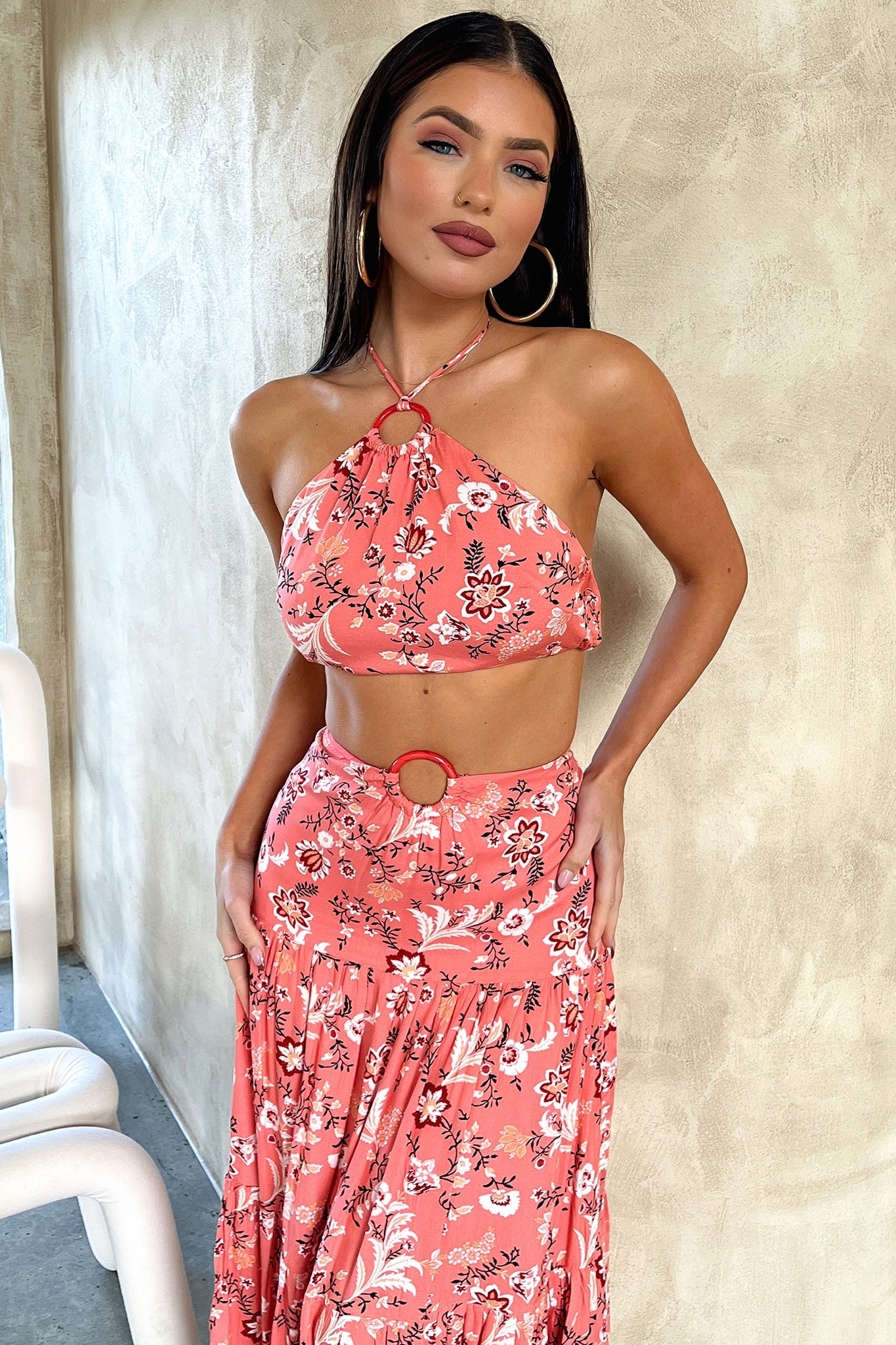 Lora Crop Top - Coral Floral Print Women's Summer T-Shirt | Boho Chic Blouse for Beach, Music Festivals & Casual Outfits