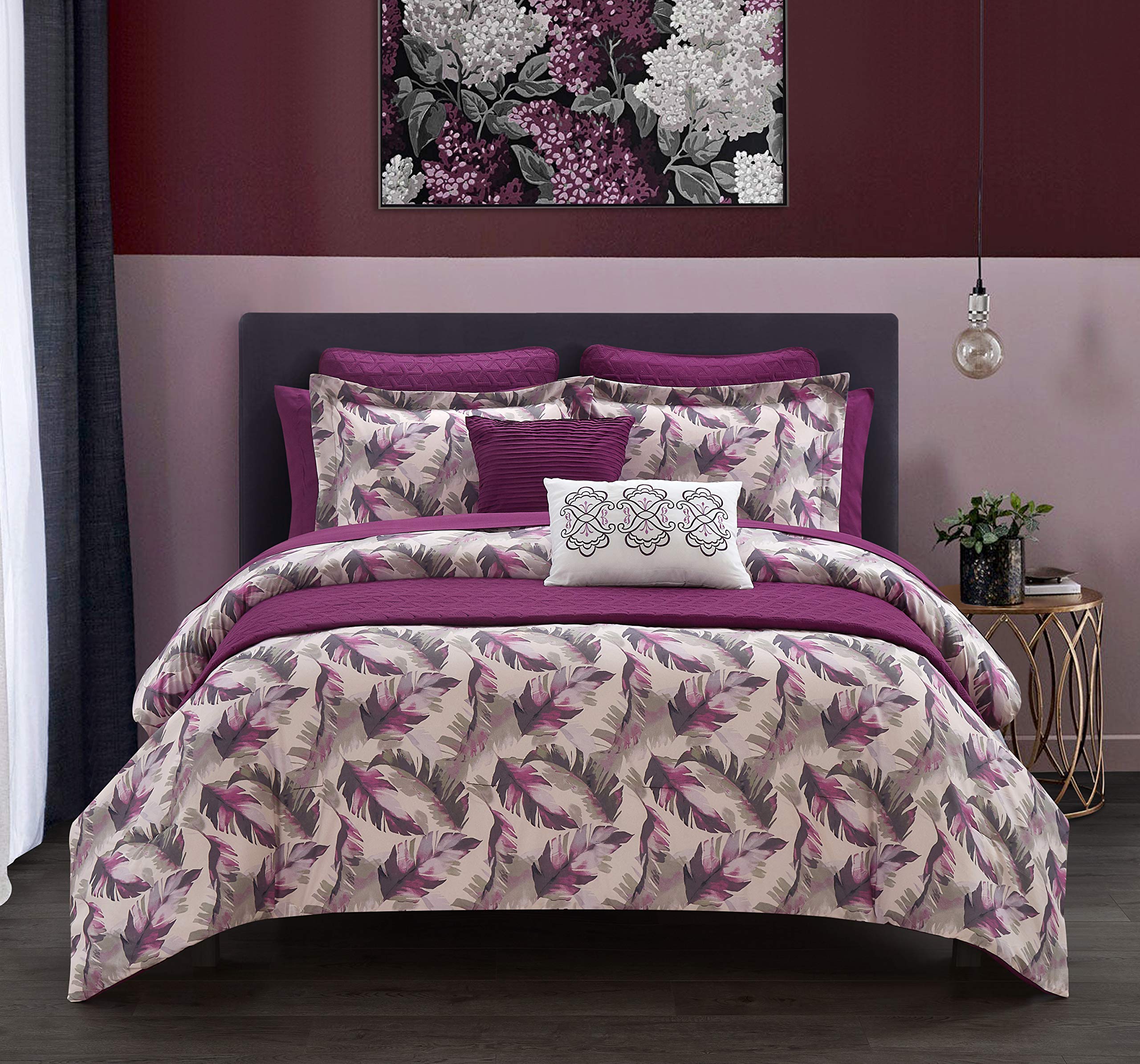 Chic Home Kala 9-Piece Comforter Set with Watercolor Leaf Print & Geometric Pattern - Includes Quilt, Sheet Set & Decorative Pillow Shams (Twin, Purple) for Bedroom Decor & Guest Room Makeover
