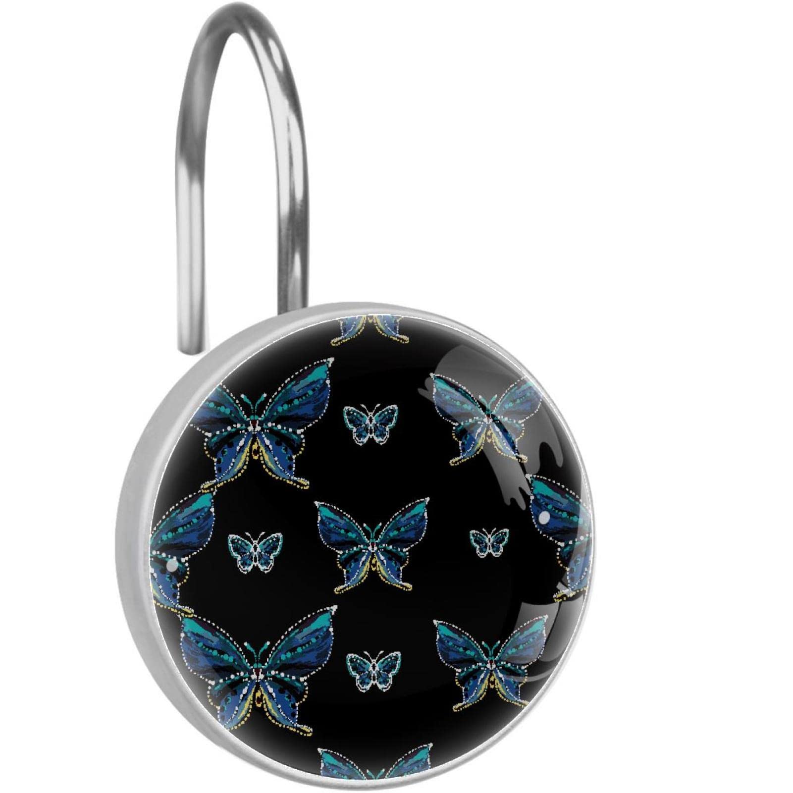 Blue Butterfly Embroidered Rhinestone Shower Curtain Hooks - 12pcs Crystal Glass Stainless Steel Bathroom Decor Set for Elegant Shower & Bathtub Decor