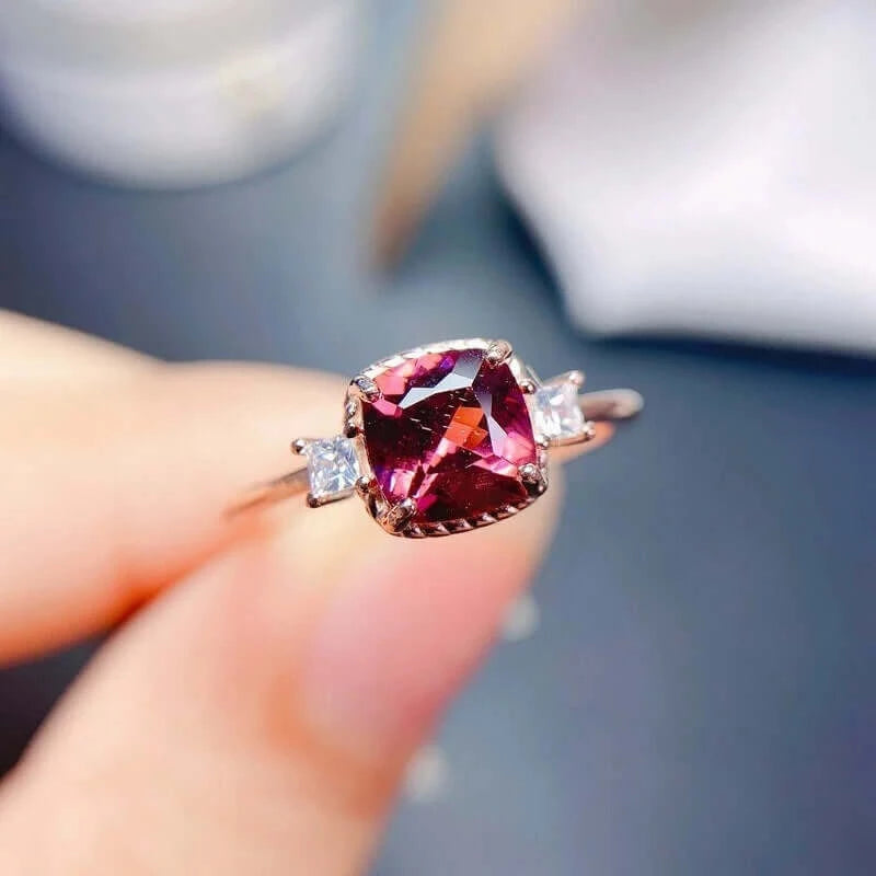 Rhodolite Red Garnet Three Stone Ring | 14K Gold Plated | Elegant Jewelry for Women | Perfect for Weddings, Anniversaries & Special Occasions