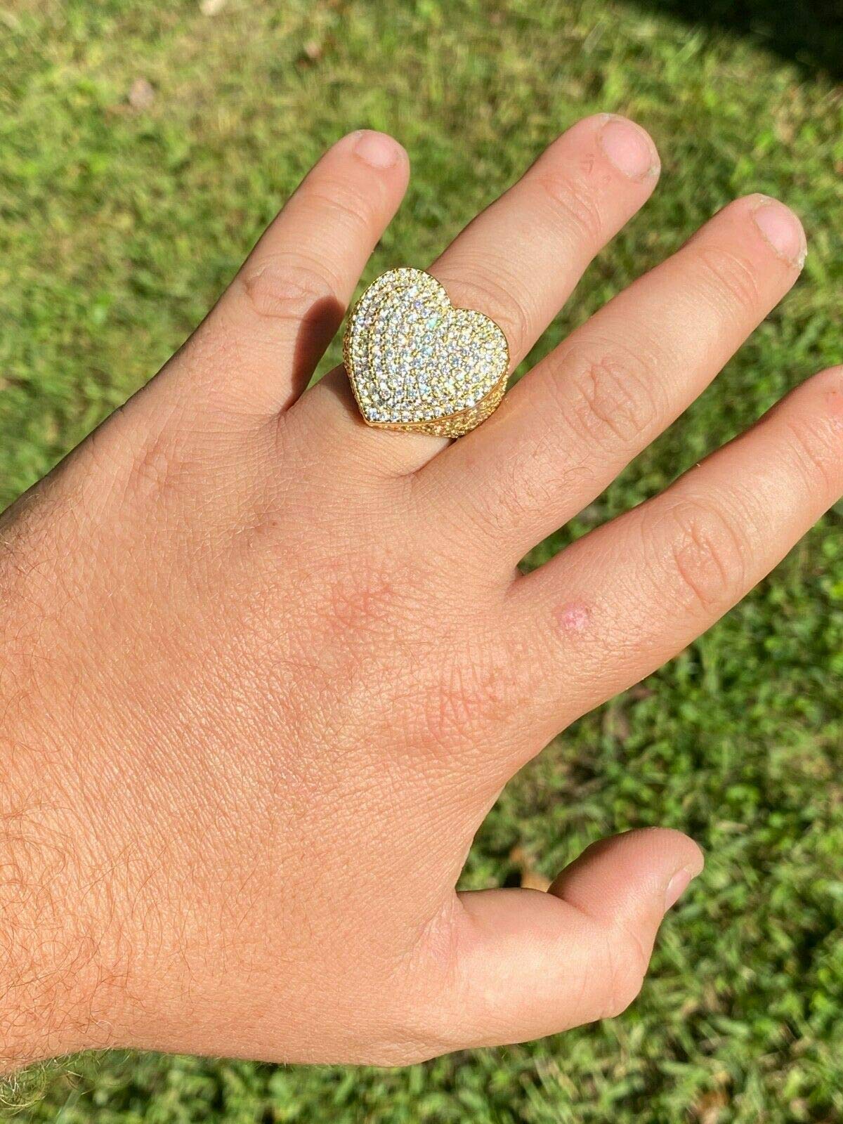 14K Gold Plated 925 Sterling Silver Heart Shaped Hip Hop Iced Out Ring with Cubic Zirconia - Size 7-13 - Perfect for Valentine's Day, Anniversary Gifts & Streetwear Fashion