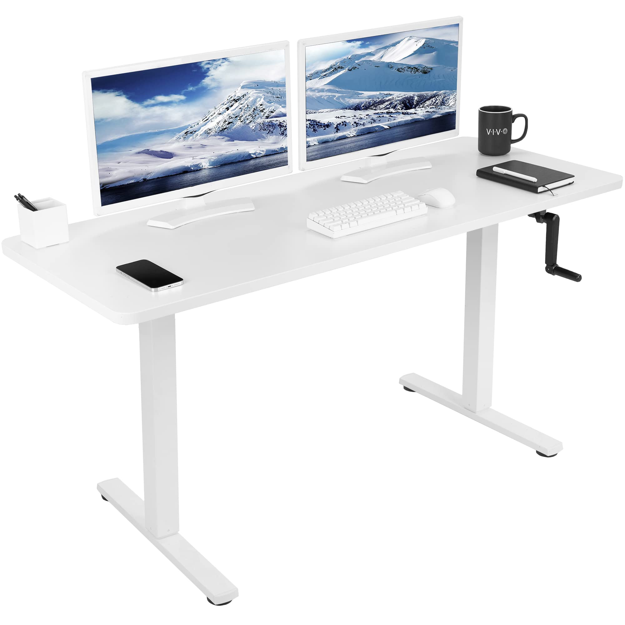 VIVO 60 x 24 Inch Adjustable Height Standing Desk - White Solid One-Piece Table Top with Foldable Handle, Ergonomic Stand Up Workstation for Home Office, Gaming & Study | Height Adjustable Desk for Work from Home & Small Spaces