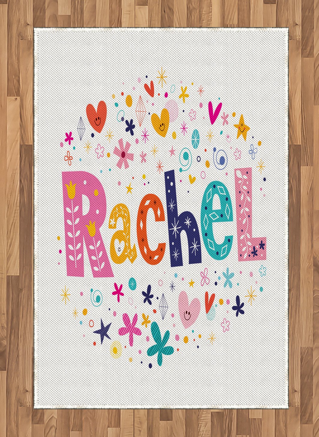 Ambesonne Rachel Vintage 60s Inspired Area Rug - Floral, Hearts & Stars Design, Flat Woven Accent Rug for Living Room, Bedroom, Dining Room - 4' x 5' 7