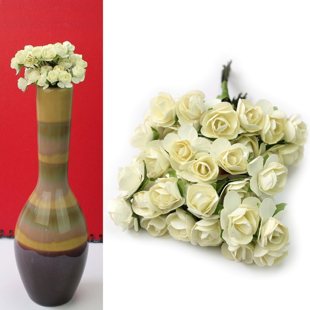 144 Mini Artificial Paper Rose Flowers - Ivory Wedding Card Decorations, DIY Craft Supplies for Bouquets, Centerpieces, Scrapbooking & Party Decor