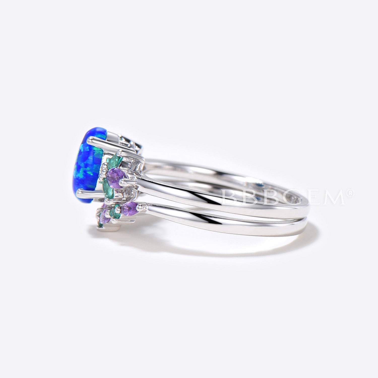 1.5ct Oval Cut Blue Opal Engagement Ring Set - Sterling Silver with Emerald & Amethyst Accents - Wedding Ring, Bridal Jewelry Set - Perfect for Proposals, Anniversaries & Romantic Gifts
