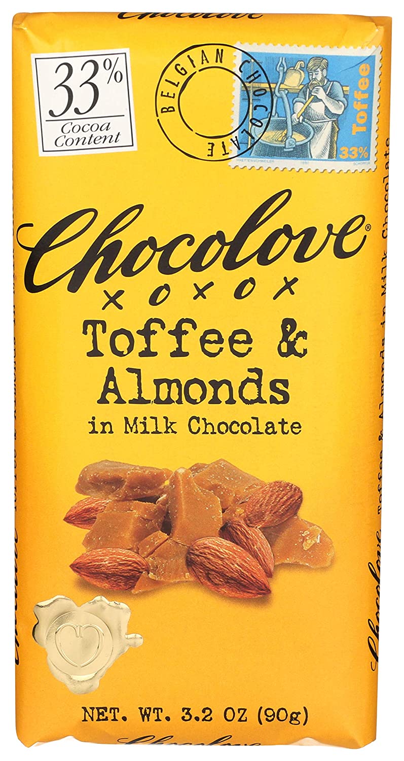 Chocolove xoxox Milk Chocolate Bar with Toffee & Almonds - Gourmet Candy for Gifts, Desserts & Snacking