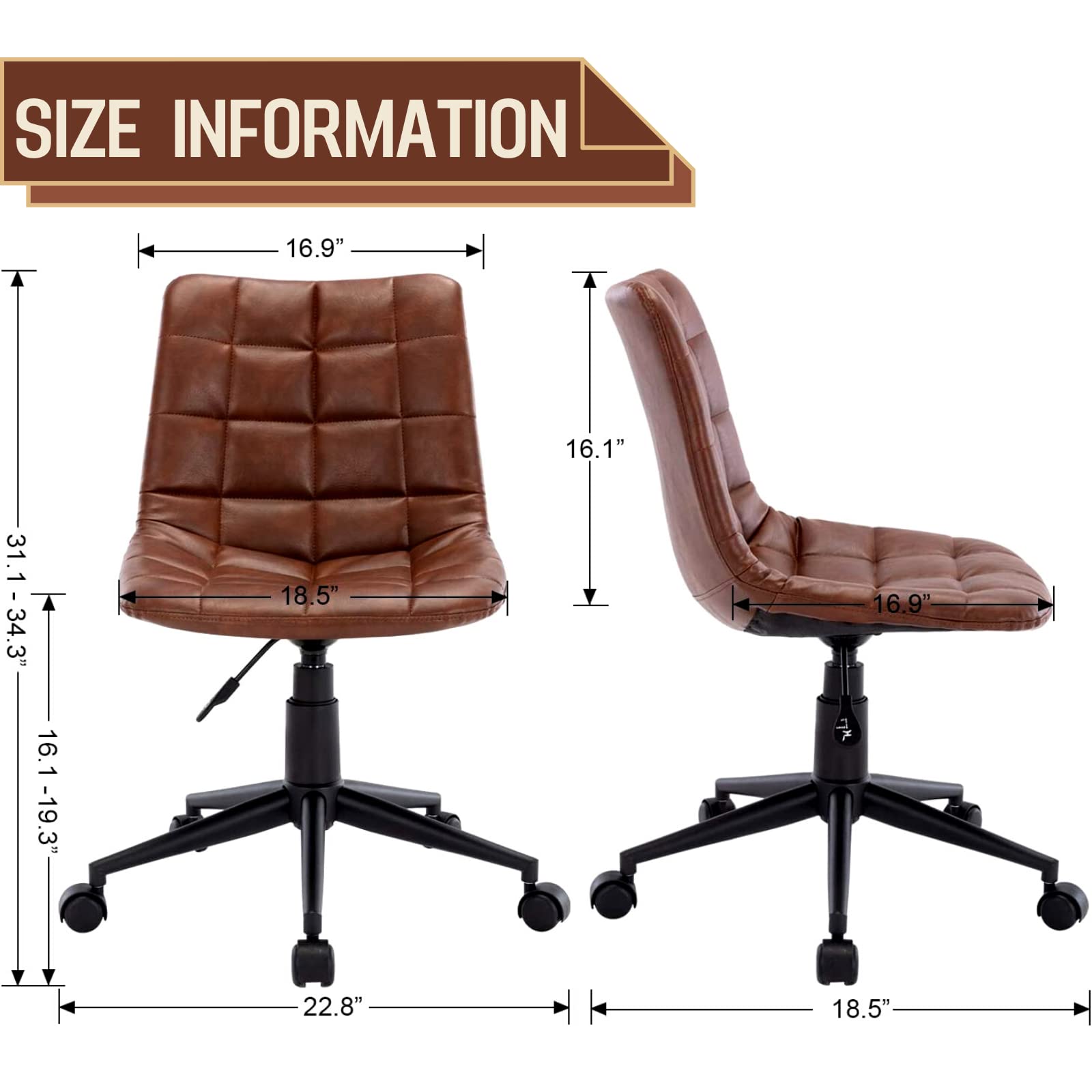 Ergonomic Armless Desk Chair - Faux Leather Adjustable Swivel Rolling Task Chair for Home Office, Study Room & Workspace - Modern Computer Chair in Brown
