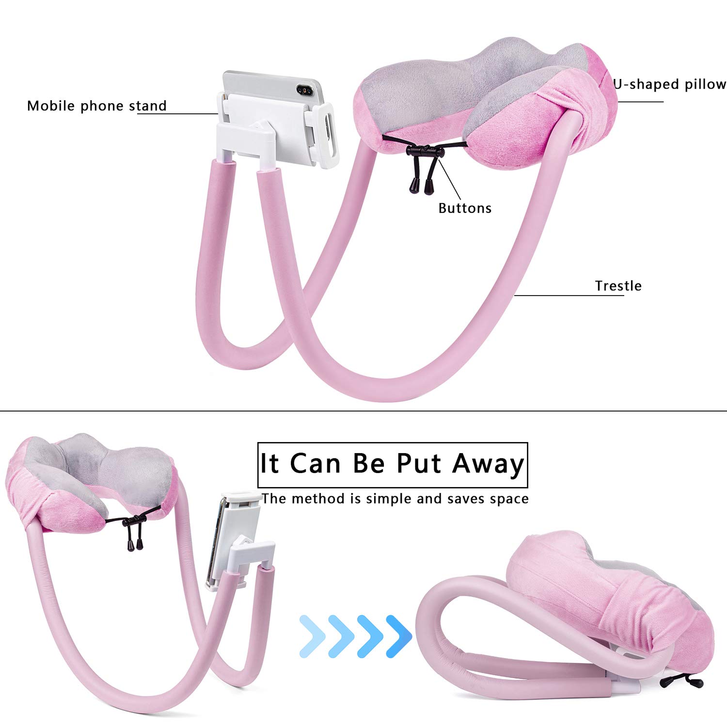 AIMI Neck Pillow Phone Holder - Adjustable & Ergonomic Stand for Smartphones & Tablets - Perfect for Home, Travel, Office & Outdoor Use (Pink) - Watch Videos Hands-Free in Bed, Plane & Commute