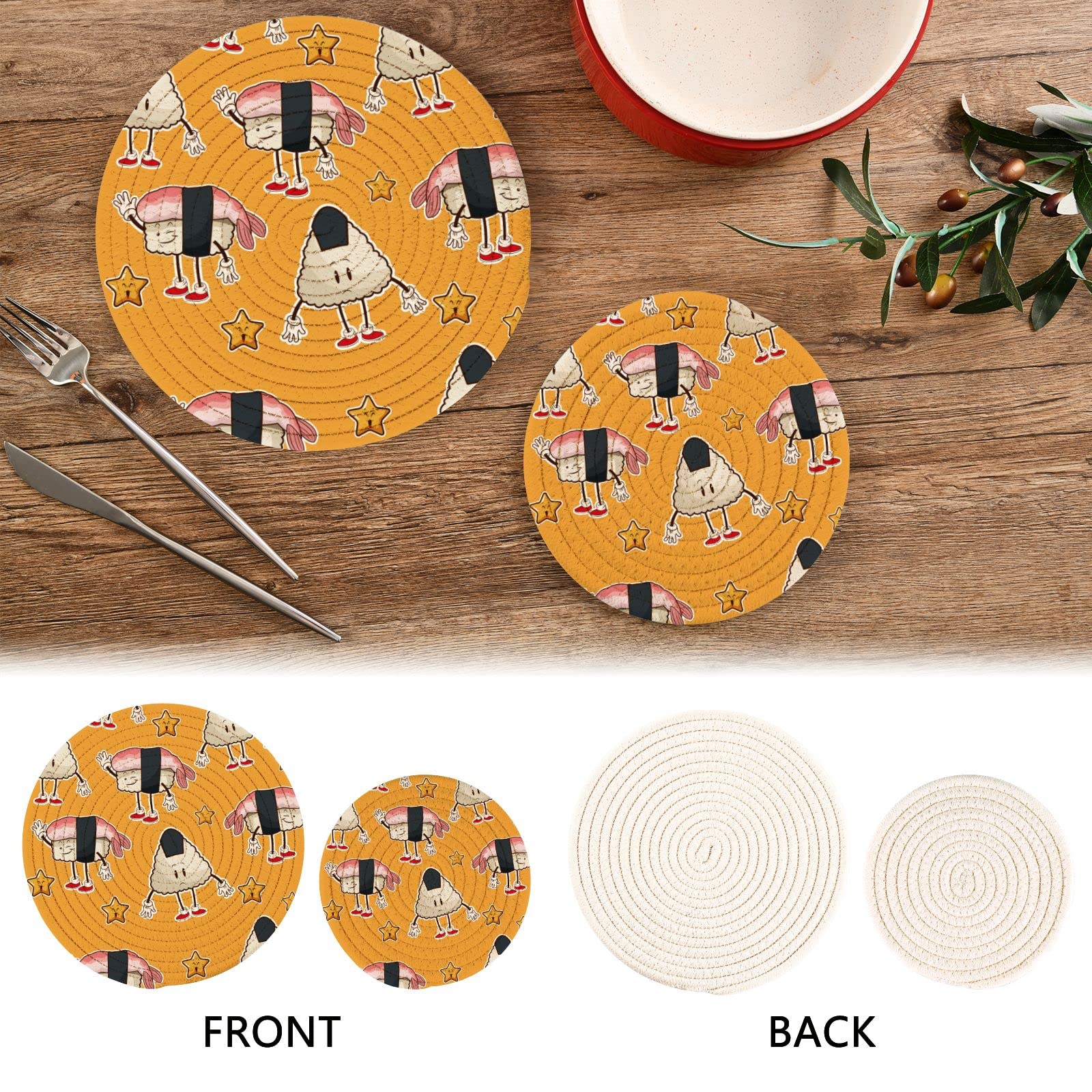 Kawaii Roll Sushi Pot Holders - 2 Pack Heat Resistant Trivets for Hot Dishes, Japanese Style Cotton Woven Trivet Mats for Pans, Bowls & Teapots - Perfect for Kitchen Decor & Asian Dining Experience