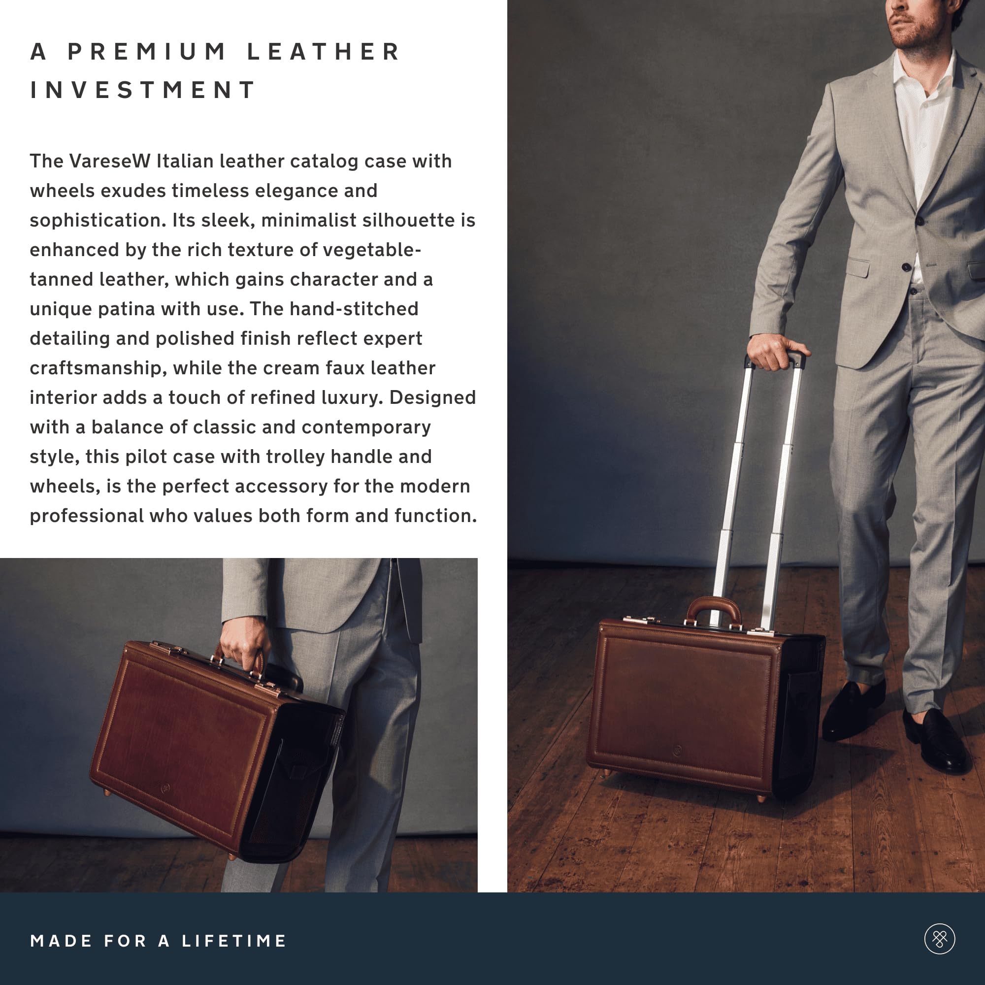 Maxwell Scott Personalized Men's Luxury Leather Rolling Wheeled Pilot Briefcase - The VareseW Black | Professional Business Travel Carry-On Case for Airplane & Office Use
