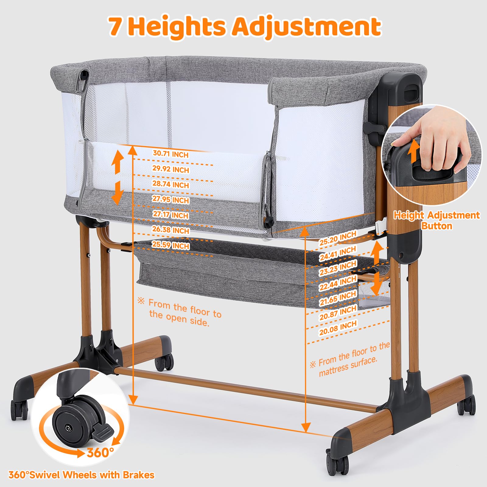 Ezebaby 3-in-1 Adjustable Baby Bassinet with Wheels, Storage Basket & Breathable Mesh Sides - Convertible Rocking Crib & Bedside Sleeper for Newborns & Infants - Perfect for Nursery, Bedroom & Travel Use