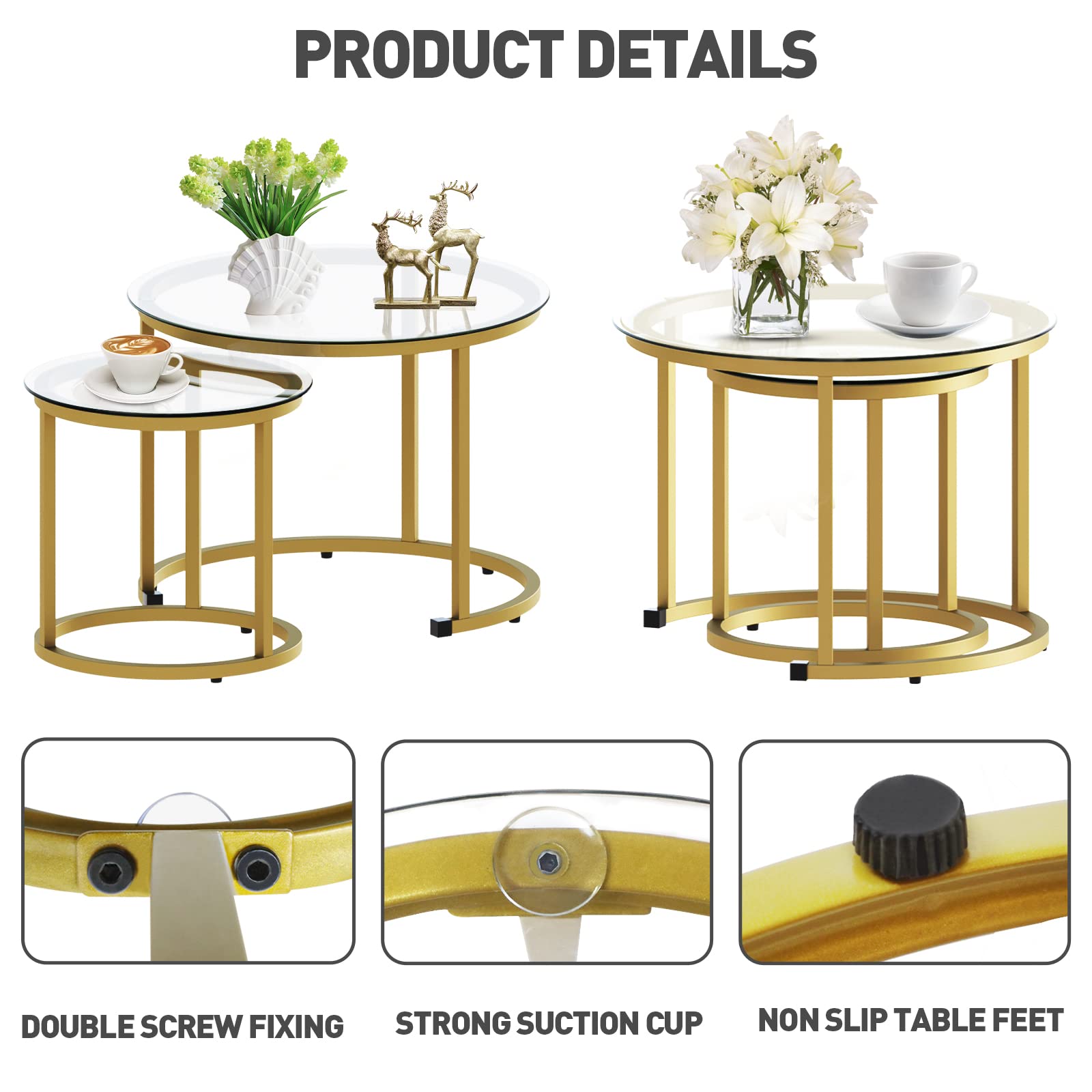 aboxoo Gold Nesting Coffee Table Set of 2 - Modern Industrial Round Glass Side Tables with Metal Frame for Living Room, Bedroom & Office - Perfect for Tea Time, Reading Nook or Lounge Area Decor