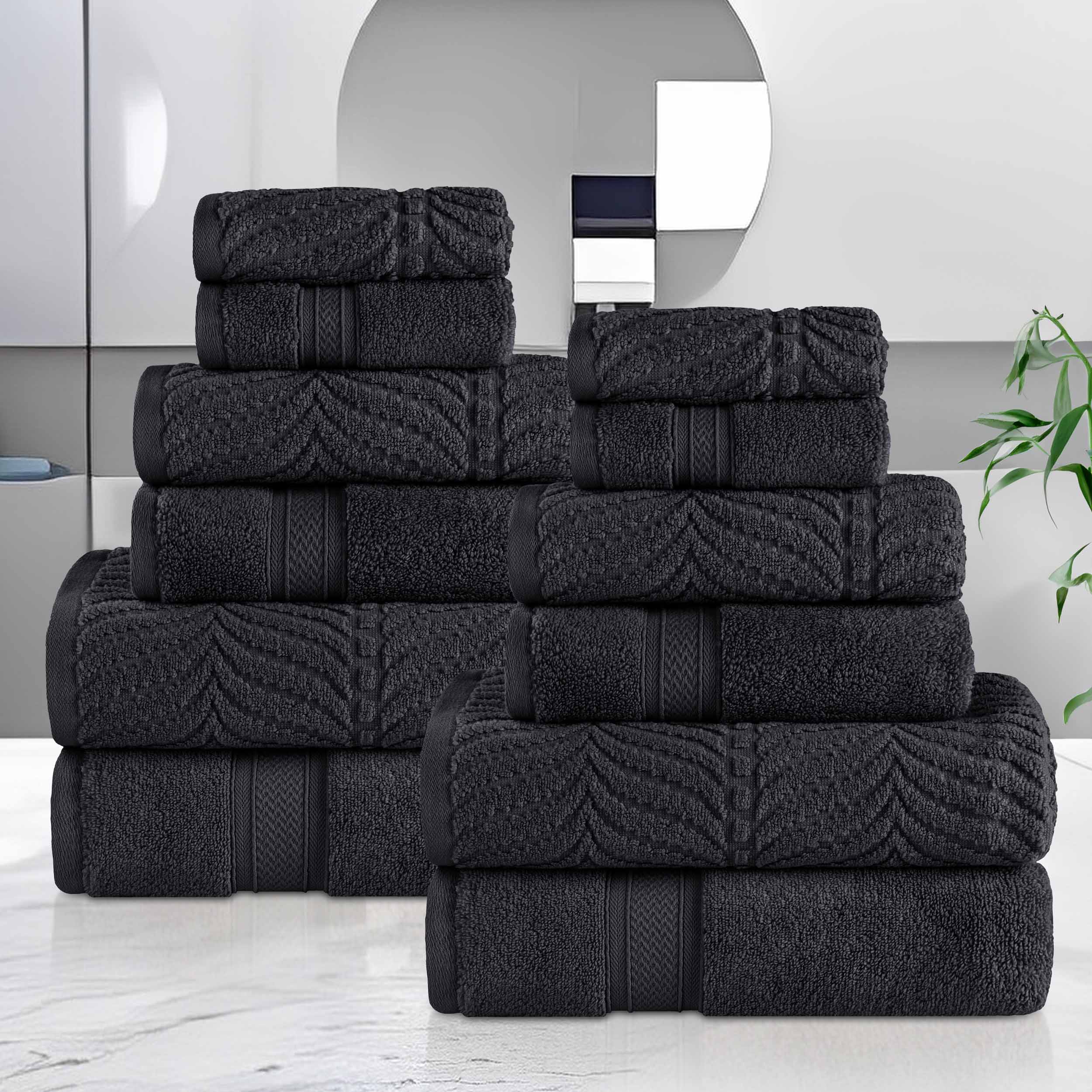 Premium 12-Piece Zero Twist Cotton Towel Set - Solid & Jacquard Chevron Design for Bath, Spa, and Luxury Home Decor