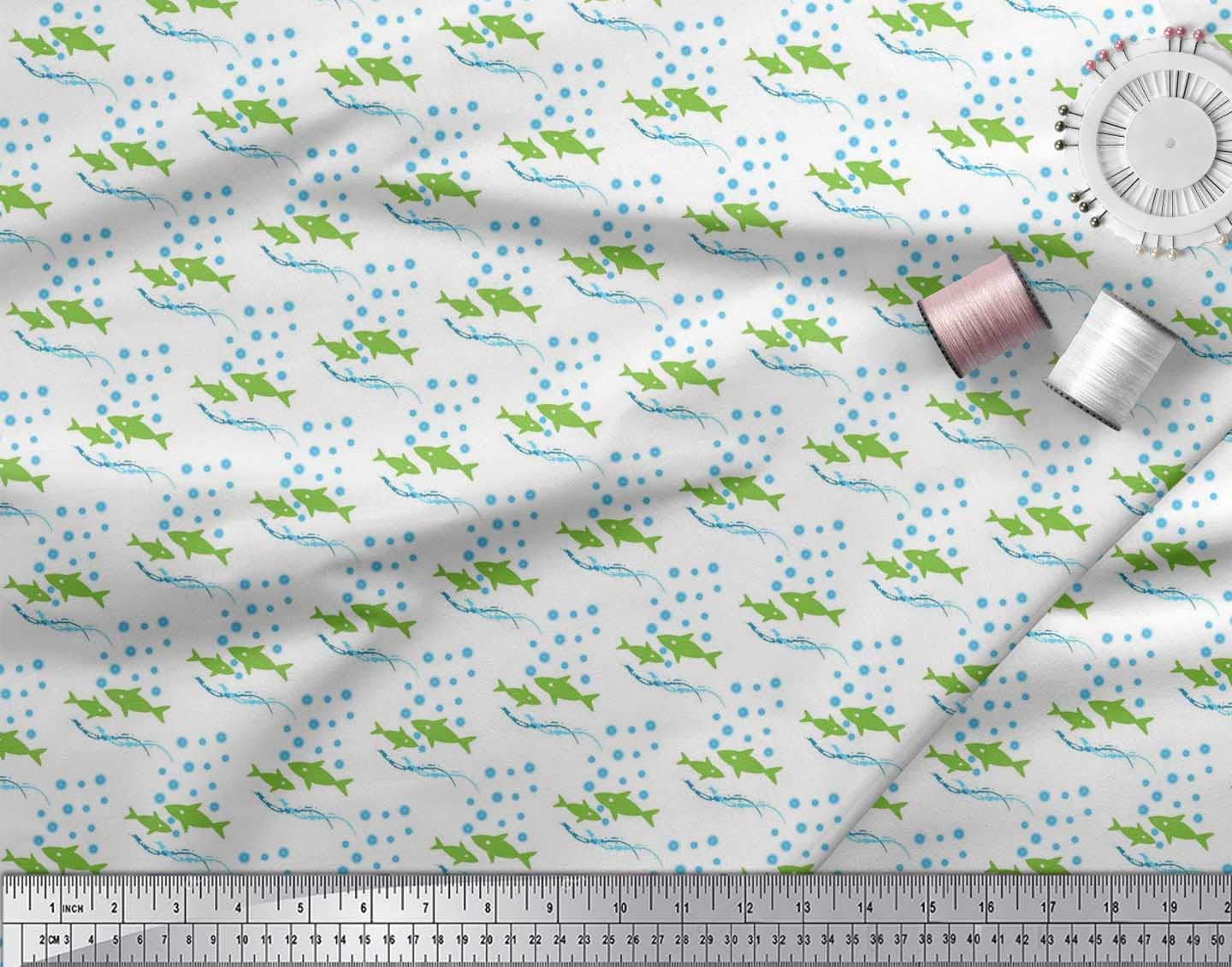 Soimoi Silk Green Fabric by The Yard - 42 Inch Wide Ocean Waves & Fish Print Material for DIY Sewing, Home Decor, Curtains & Upholstery - Nautical Themed Printed Silk Fabric for Dresses, Scarves & Craft Projects