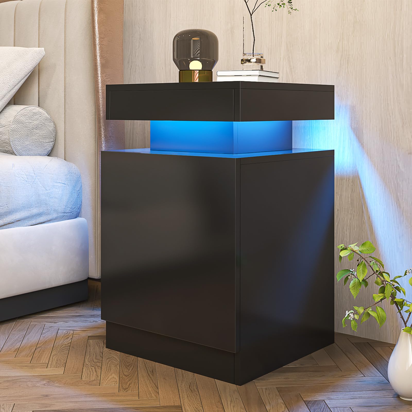 Oneinmil 2-Piece LED Nightstand Set with Storage - Black, for Bedroom & Living Room