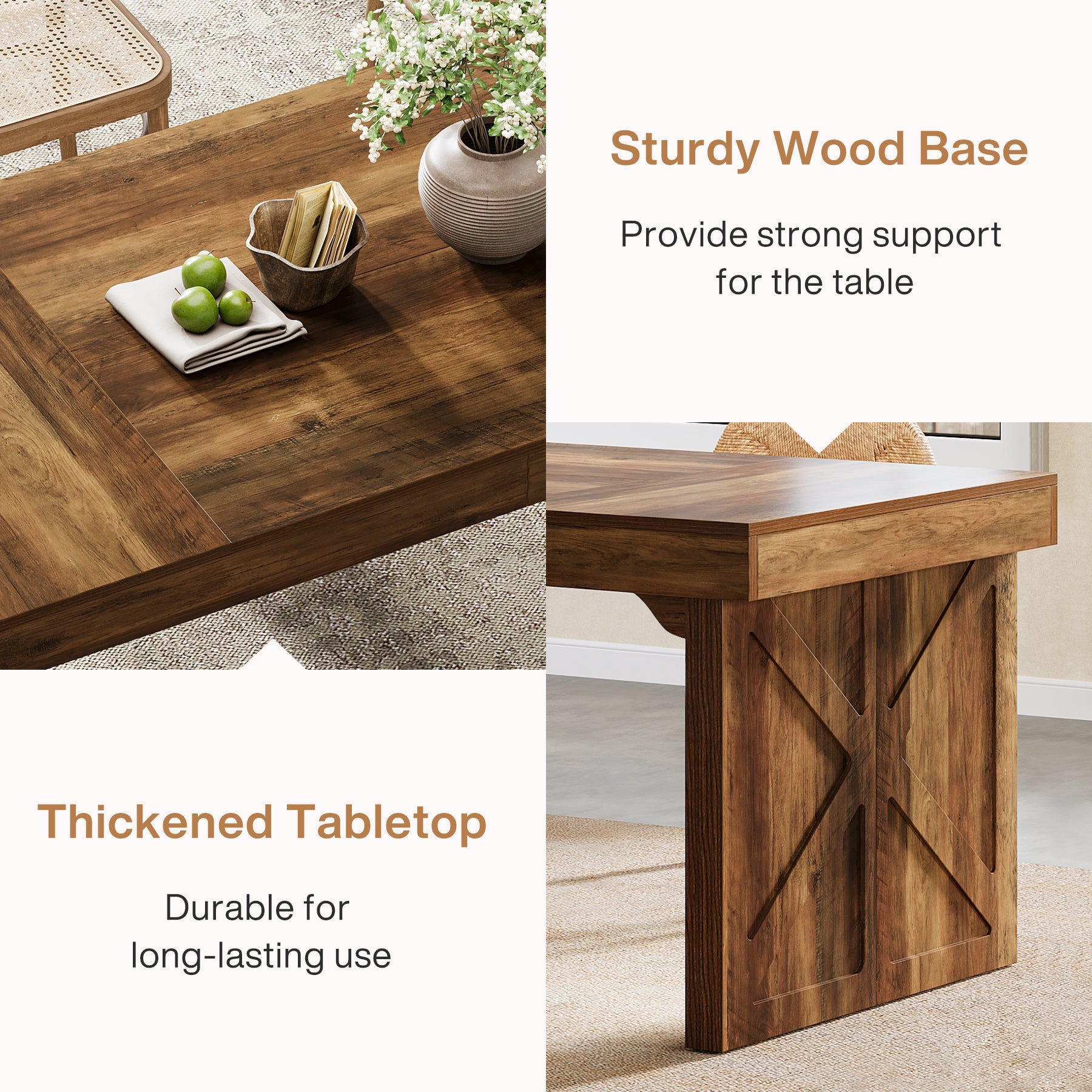 Rustic Wood Dining Table - 63 Inch Rectangular Kitchen Table for Farmhouse, Dining Room & Family Gatherings