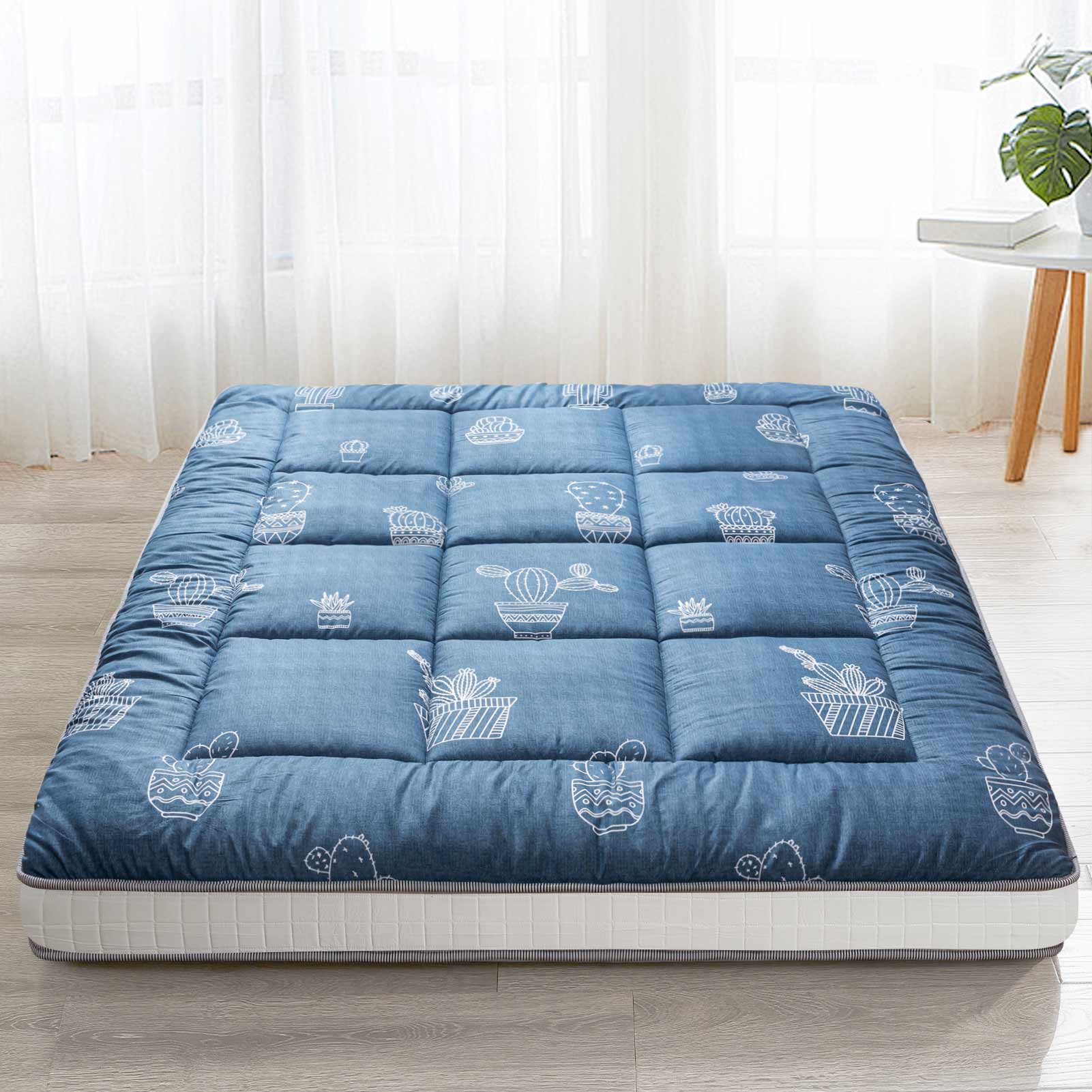 MAXYOYO Extra Thick Japanese Floor Futon Mattress - Grey Cactus Pattern Foldable Sleeping Pad for Guest Room, Camping & Small Space Living