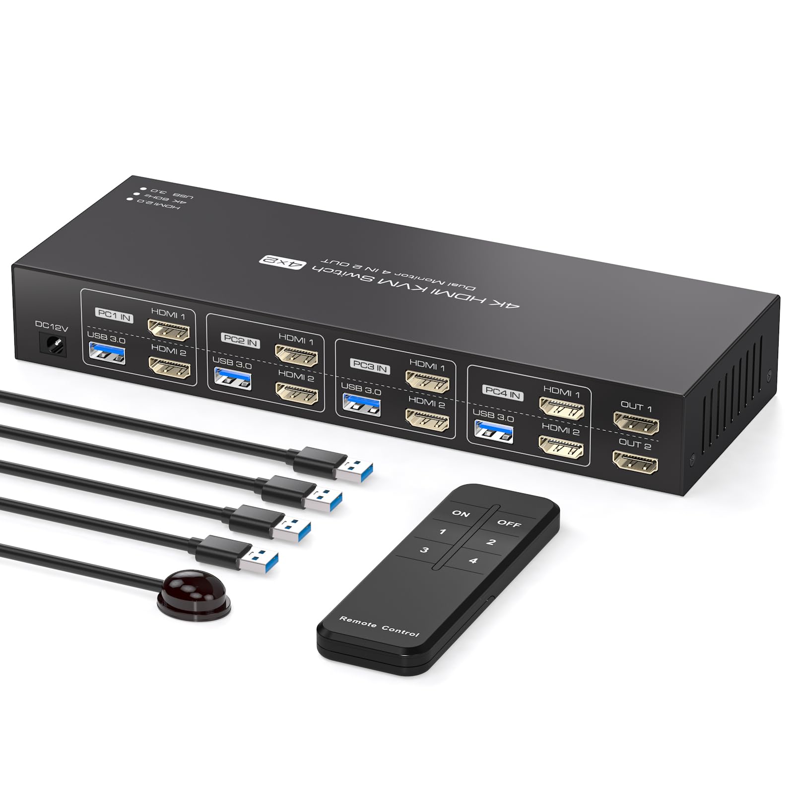 4K HDMI KVM Switch 4 Port USB 3.0 - 4 in 2 Out for 4 Computers & Dual Monitors, Supports 60Hz with 4 USB 3.0 Cables & IR Remote Control - Perfect for Home Office, Gaming Setup, and Multi-PC Workstations
