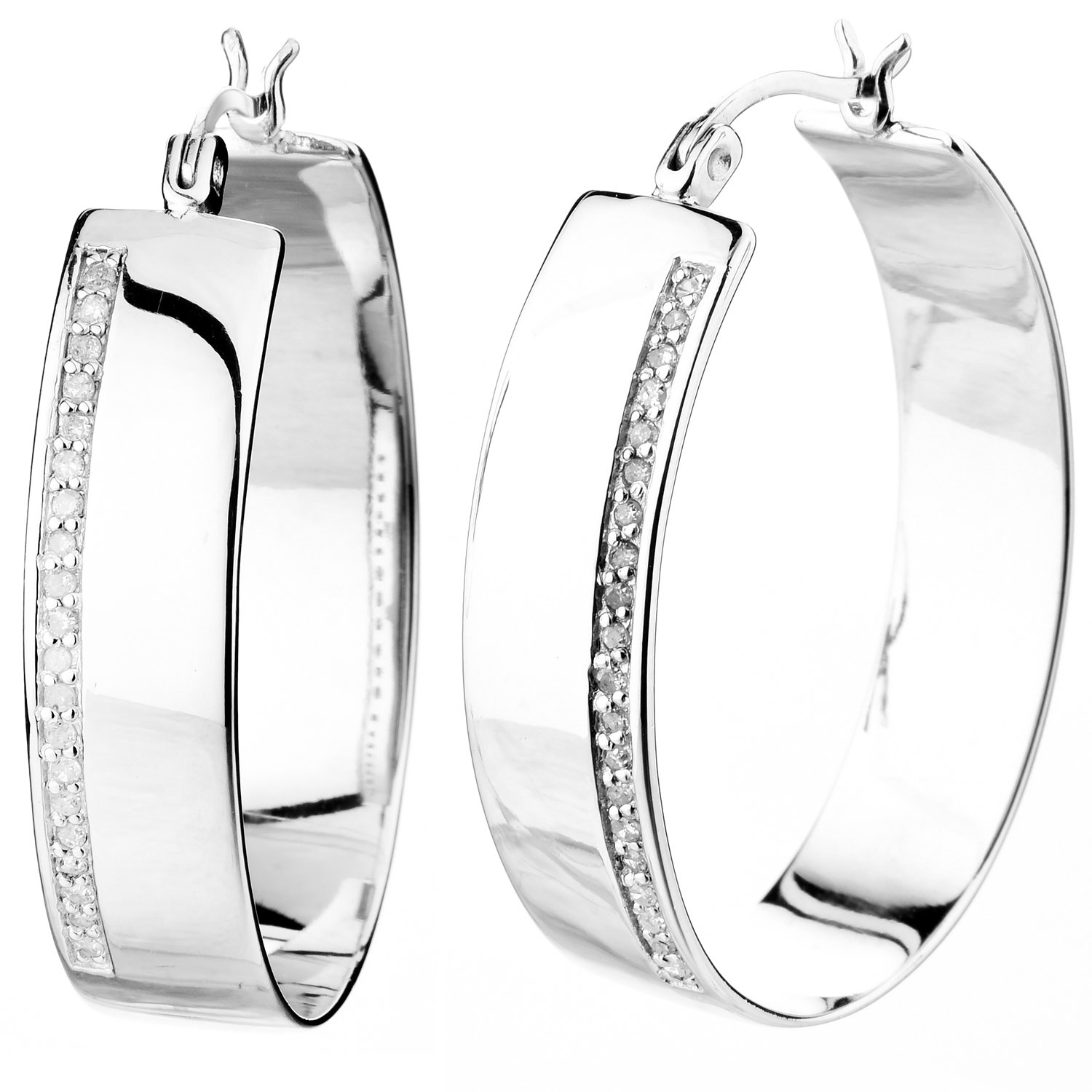 1/4 CTTW Diamond Hoop Earrings .925 Sterling Silver with Rhodium Plating - 1.50 Inch Dainty Stud Earrings for Women, Perfect for Everyday Wear, Date Night & Special Occasions