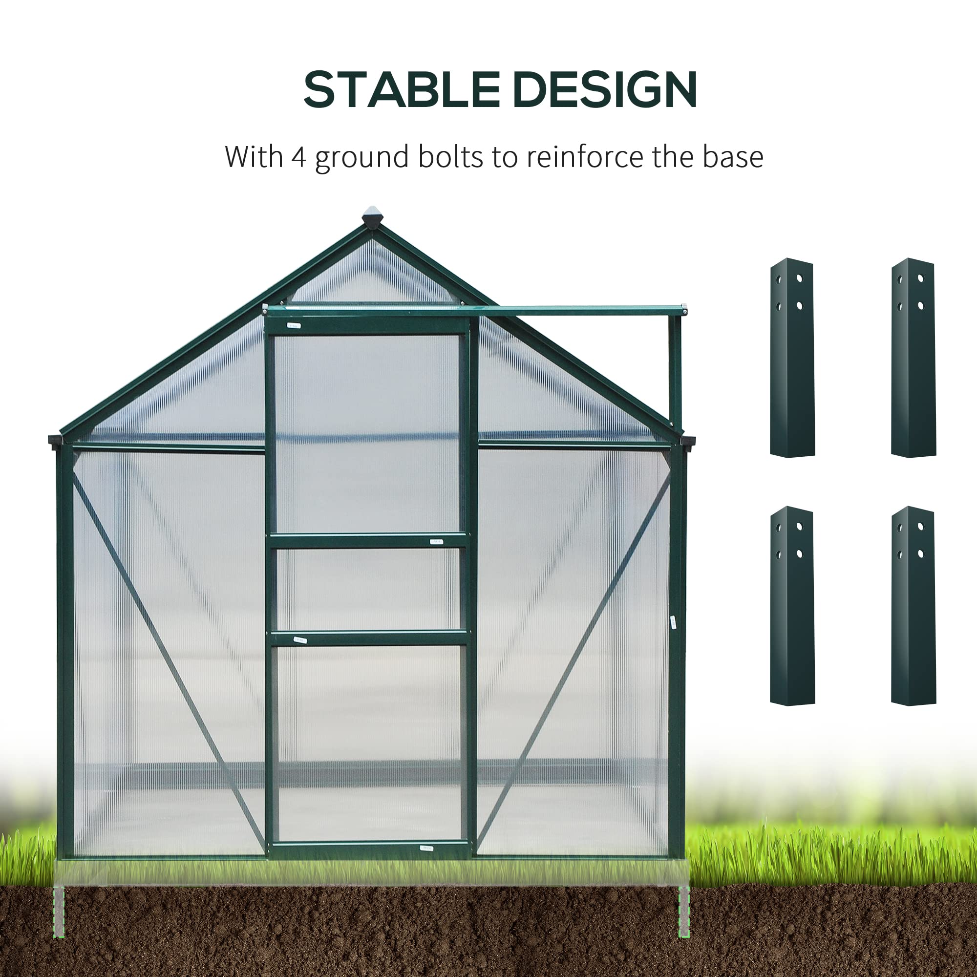 Outsunny 6' x 8' Polycarbonate Greenhouse with Rain Gutter & Roof Vent - Durable Aluminum Walk-in Outdoor Greenhouse for Backyard, Patio & Garden (Dark Green) - Perfect for Growing Vegetables, Herbs & Flowers Year-Round