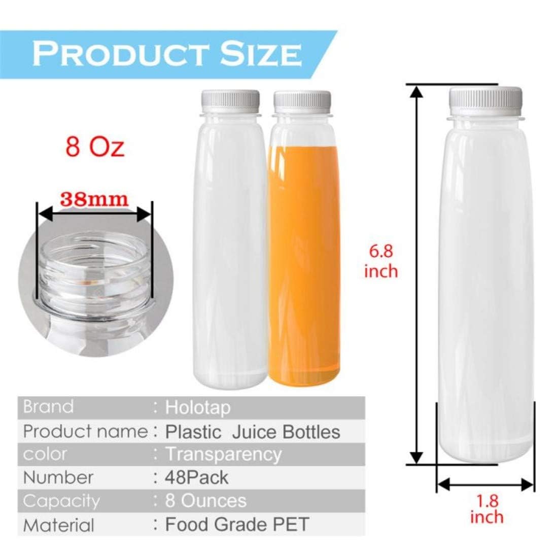 Holotap 48 Pack 8 oz Plastic Bottles with White Tamper Evident Caps - Empty PET Juice Containers for DIY Drinks, Essential Oils, Homemade Cosmetics & Liquid Storage (8 Ounce, White) - Perfect for Home Brewing, Crafting & Small Business Packaging