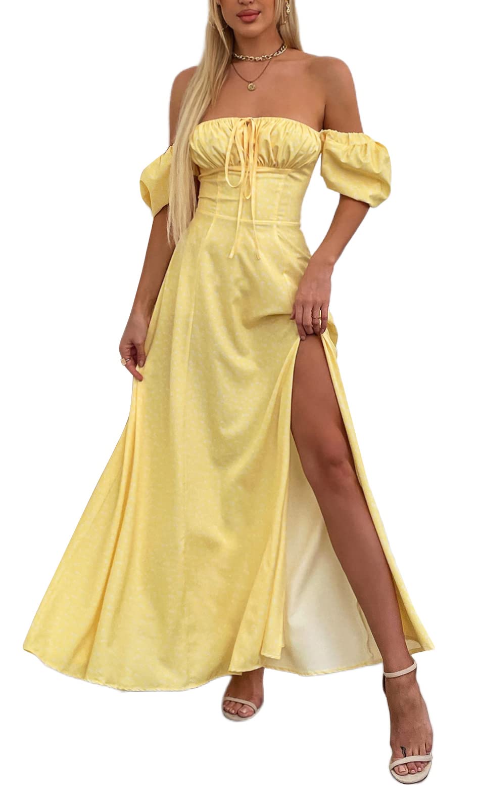 Women's Summer Floral Maxi Dress with Puff Sleeves & Side Slit - Flowy A-Line Casual Beach Dress for Vacation, Party & Outdoor Events 2025
