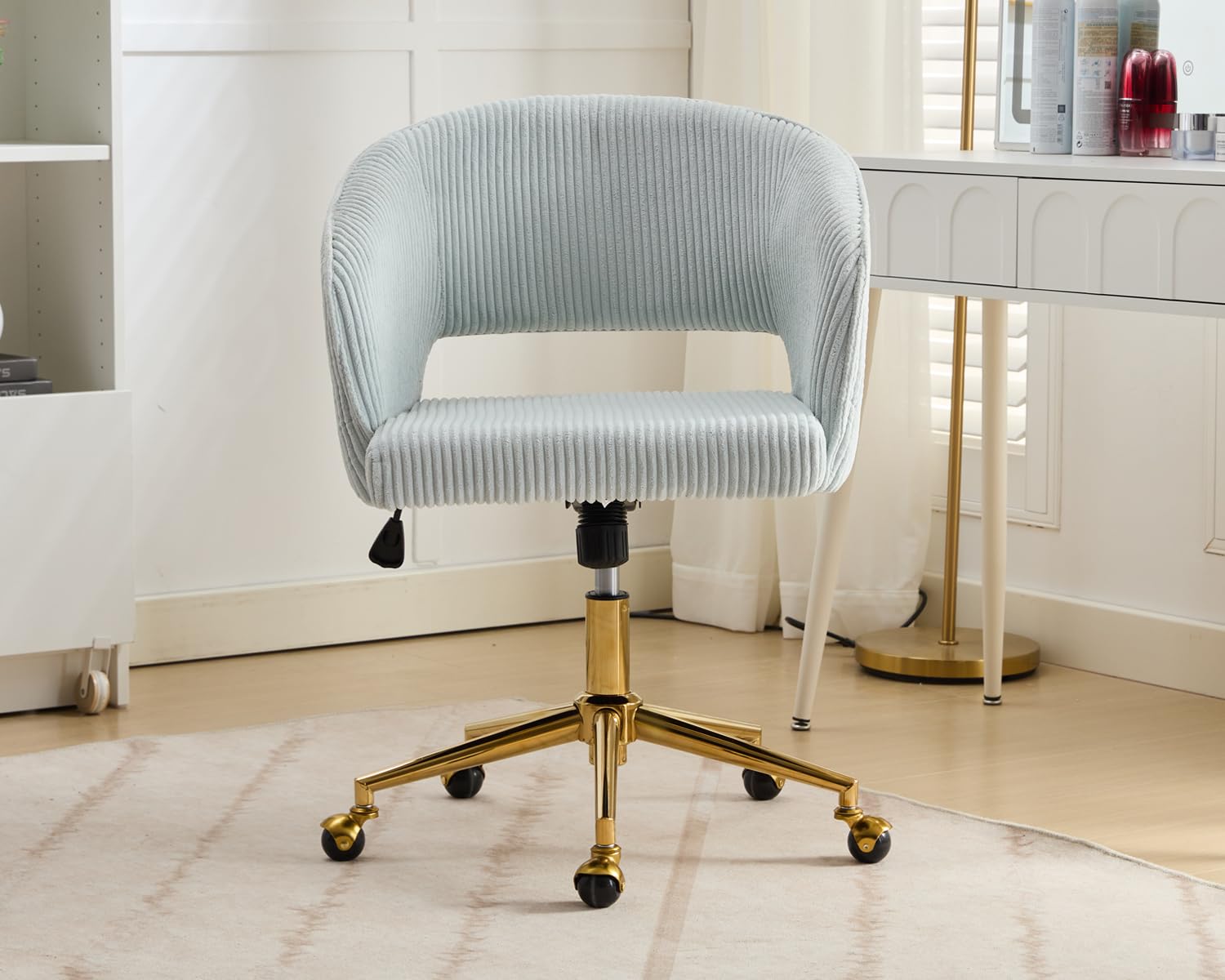 Ergonomic Swivel Office Chair with Corduroy Fabric & Gold Base - Comfortable Tufted Desk Chair for Women, Girls, Home Office, Study & Computer Work - Light Blue Accent Armchair for Living Room & Workspace