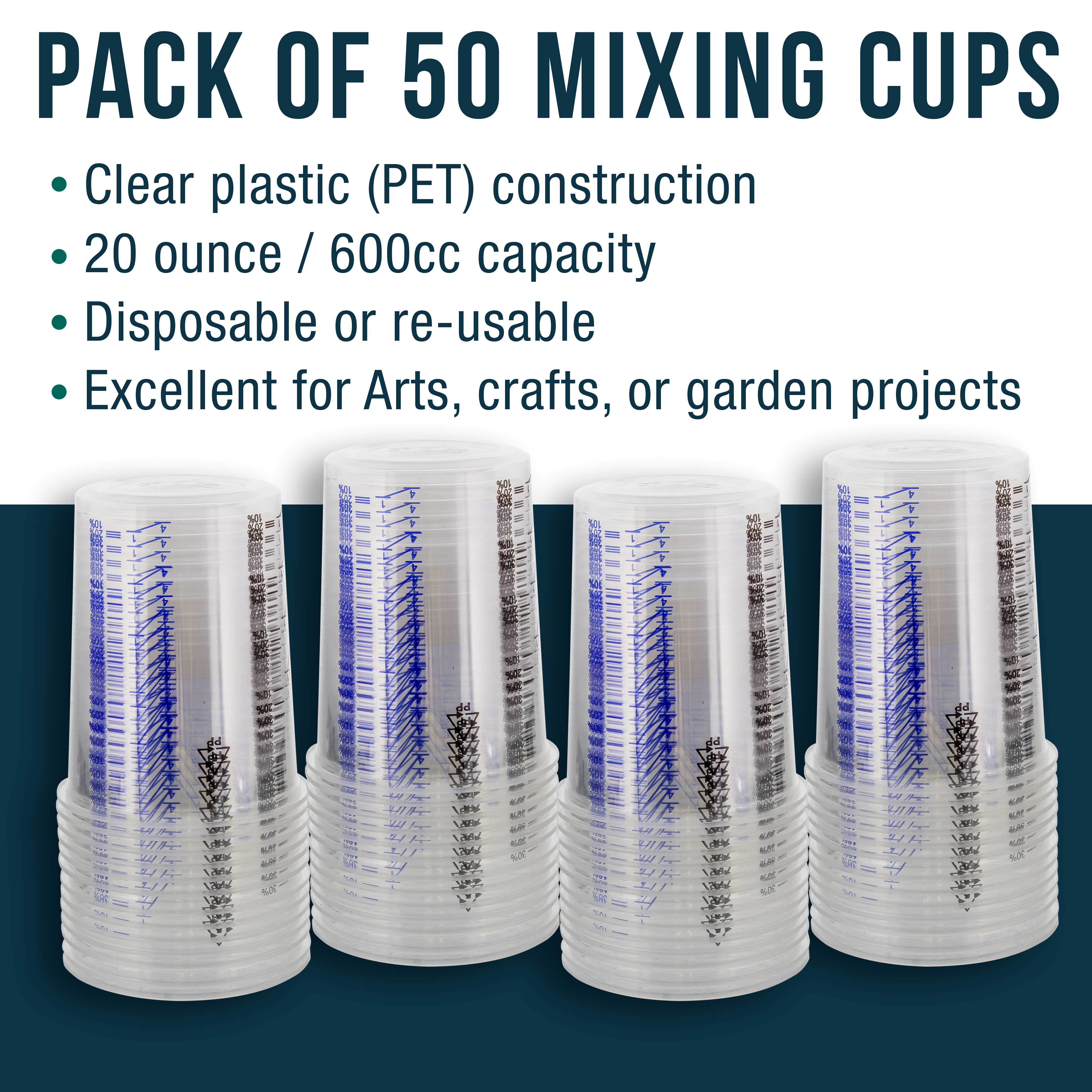 TCP Global 20oz (600ml) Disposable Plastic Mixing Cups - Clear Graduated Measuring Cups for Paint, Resin, Epoxy, Art & Kitchen Use - Pack of 50 - Perfect for DIY Projects, Baking & Crafting