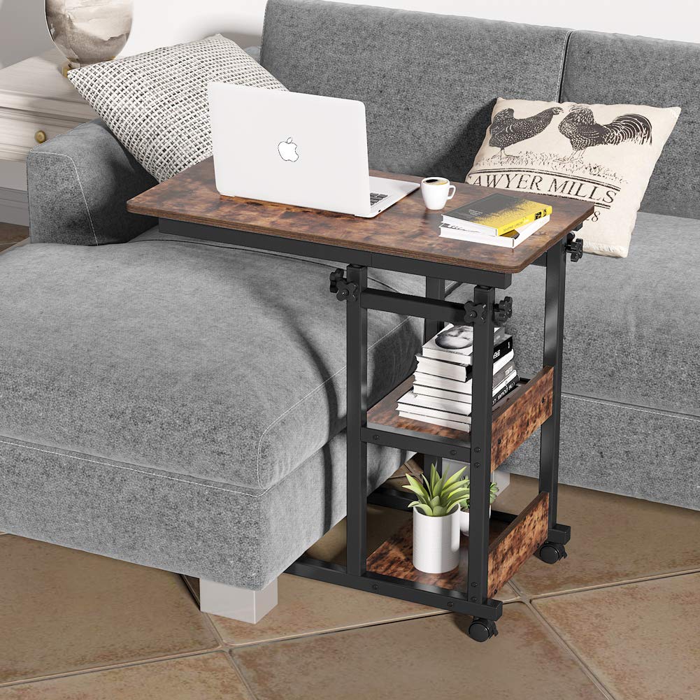 Tribesigns Rustic Brown C-Shaped End Table with Storage Shelves & Wheels - Mobile Side Table for Sofa, Couch, Bed - Perfect for Living Room, Bedroom, Home Office & Small Spaces