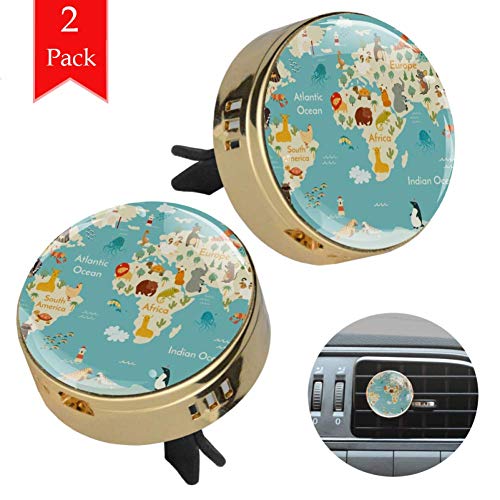 LEVEIS 2 Pack Animal World Map Car Aromatherapy Diffusers - Essential Oil Vent Clips with Replacement Felt Pads | Freshen Car Air & Reduce Stress During Commutes