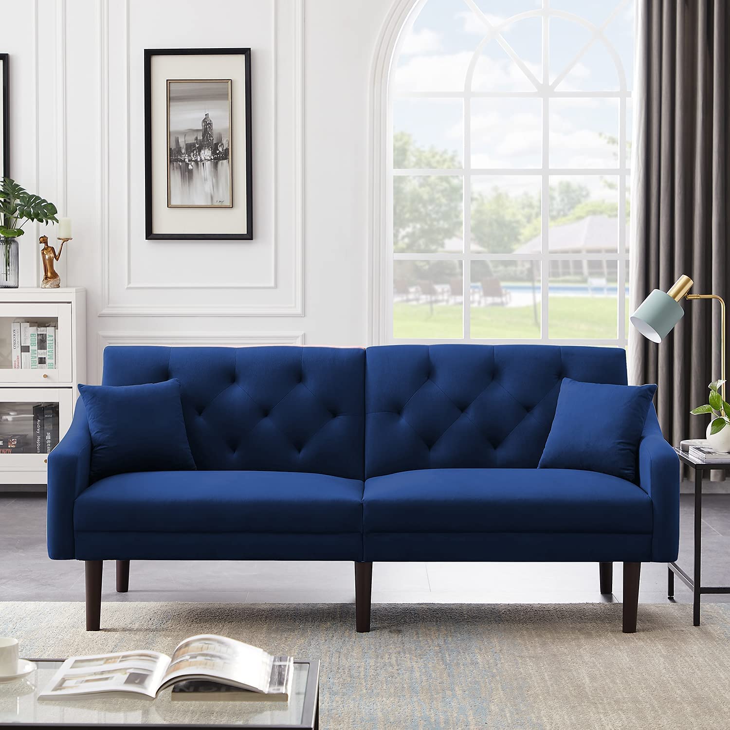 Goujxcy Convertible Futon Sofa Bed - Velvet Sleeper Sofa with 2 Pillows & Armrests, Foldable Couch for Small Spaces - Perfect for Living Room, Bedroom, Dorm or Apartment | Multi-Functional Guest Bed & Lounge Chair