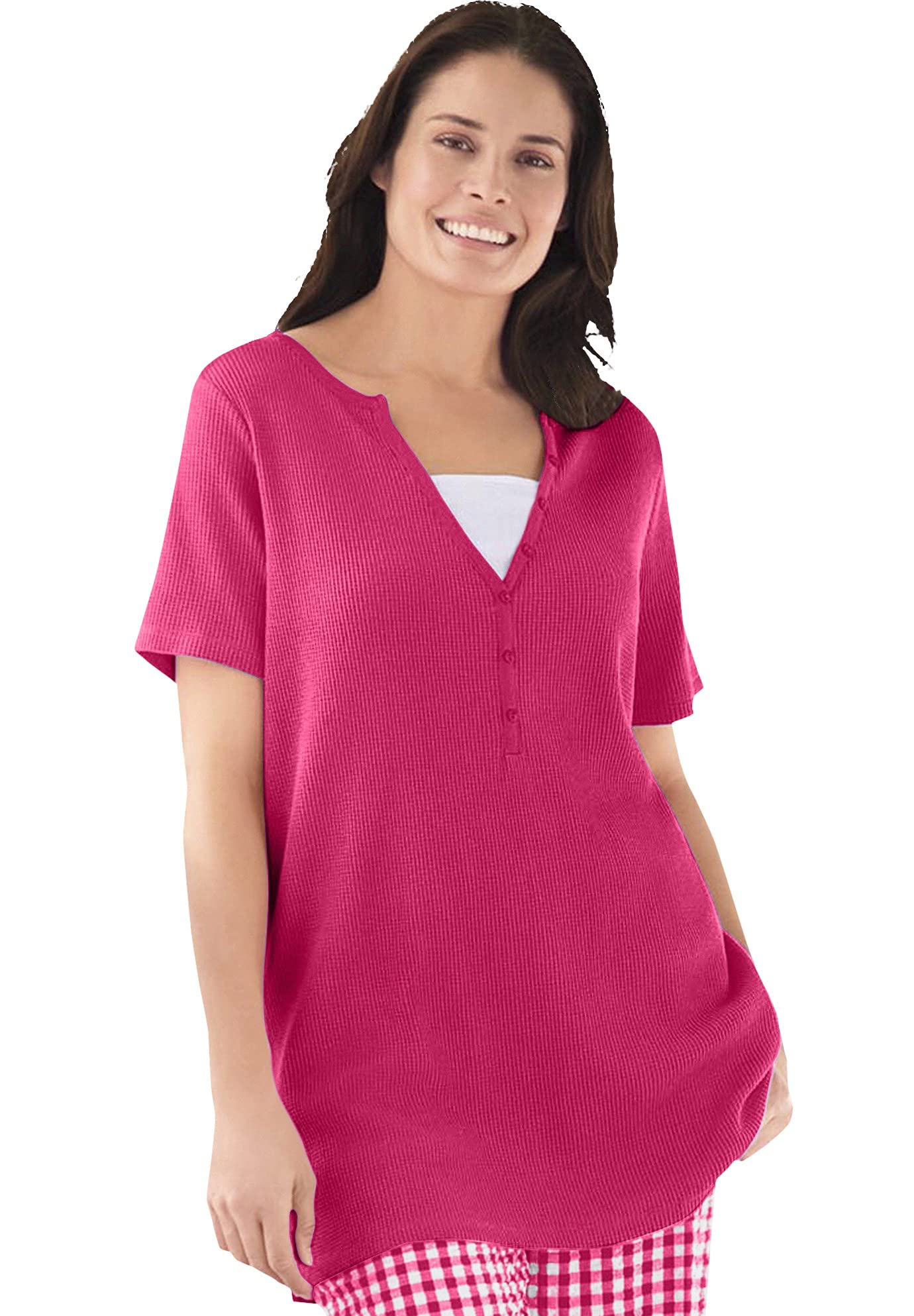 Woman Within Women's Plus Size Split-Neck Henley Thermal Waffle Tee Shirt - Soft Long Sleeve Casual Top for Winter Layering & Everyday Comfort