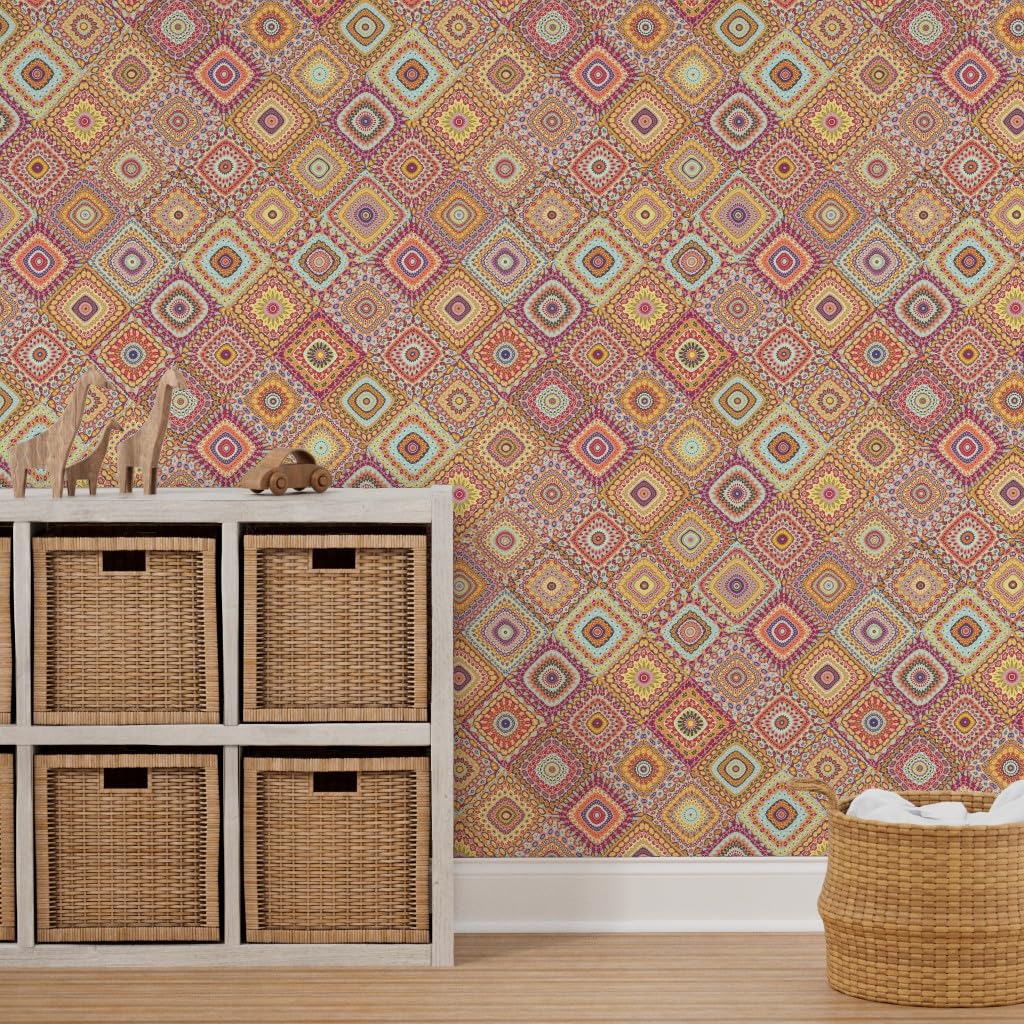 Peel & Stick Removable Wallpaper 9ft x 2ft - Spring Floral Kaleidoscope Boho Design for Bedroom, Living Room & Nursery | Easy DIY Home Decor by Spoonflower