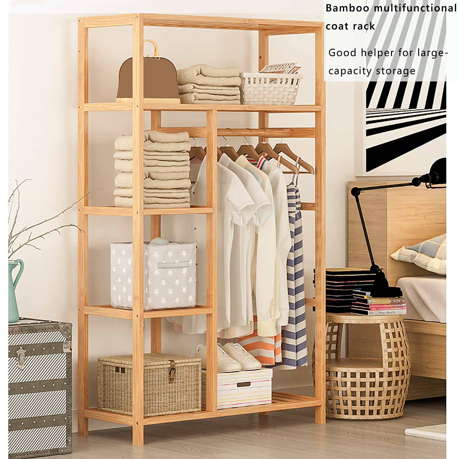 5-Tier Bamboo Wood Clothing Rack with Shelves - Heavy Duty Garment Organizer for Minimalist Wardrobe | Perfect for Bedroom, Closet & Laundry Room Storage