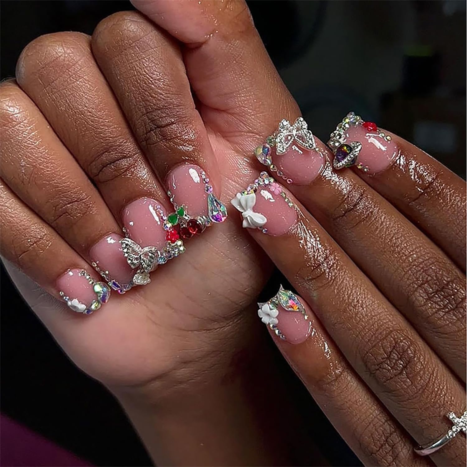 24Pcs Short Square Press on Nails with 3D Bow Charms - Pink Fake Nails with Butterfly Flower Designs, Rhinestones & Glossy Finish | Full Cover French Acrylic Nail Tips for Women | Perfect for Parties, Weddings & Everyday Wear